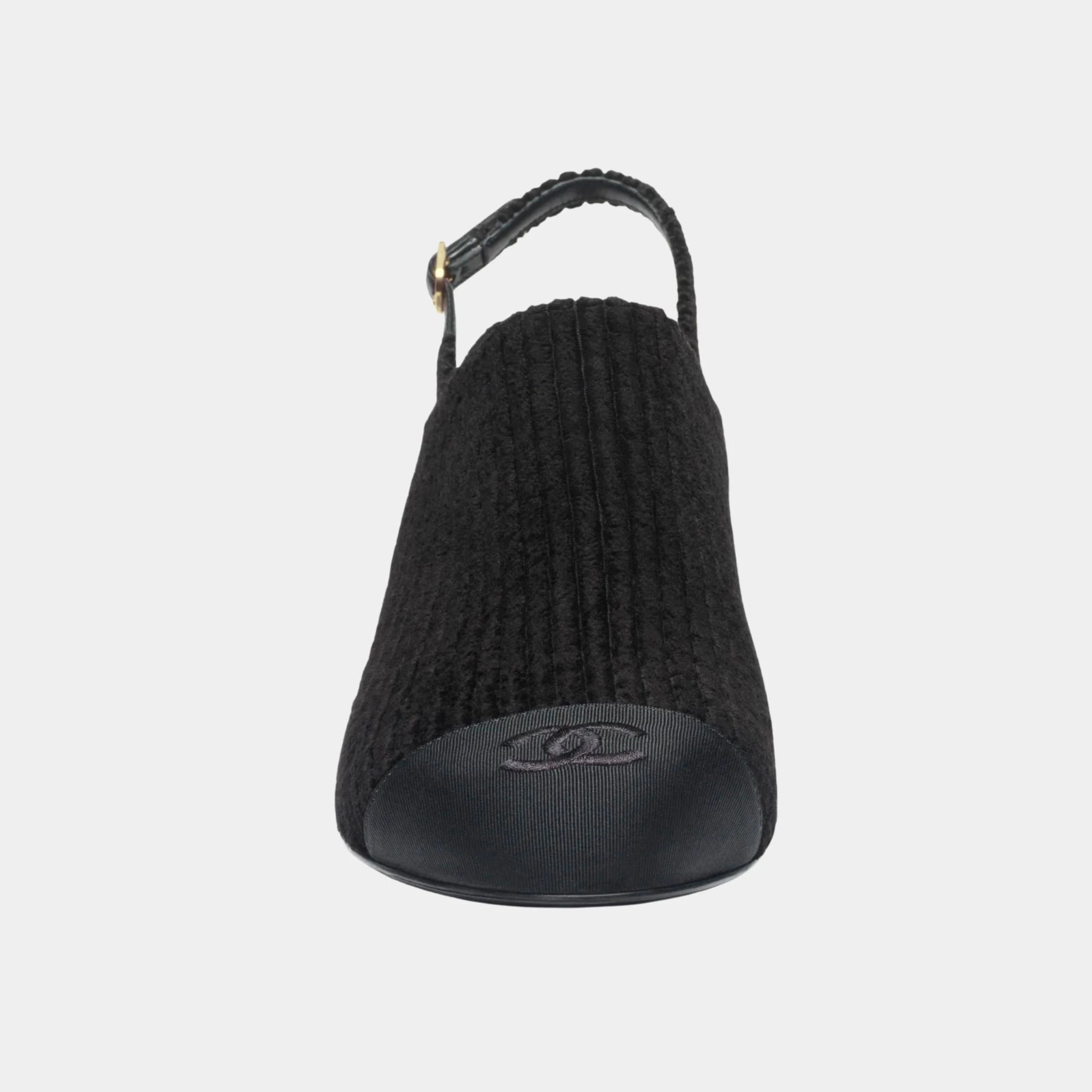 Chanel Slingbacks Corduroy & Grosgrain, Black, Front