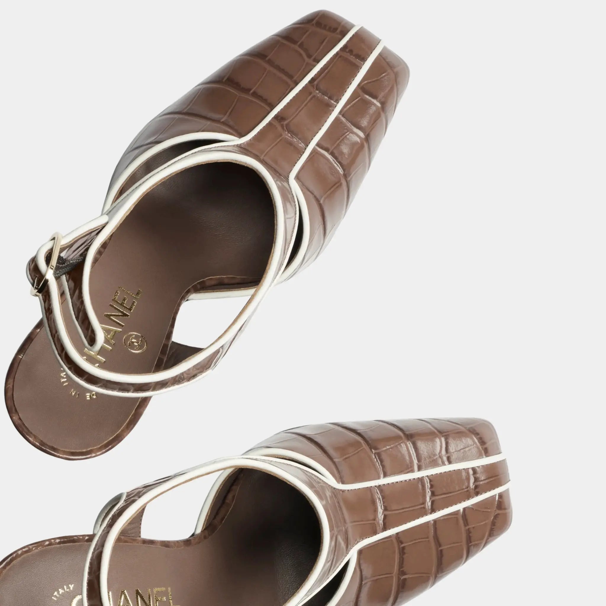 Chanel Slingbacks in Crocodile Embossed Patent Calfskin & Lambskin, Brown, Top