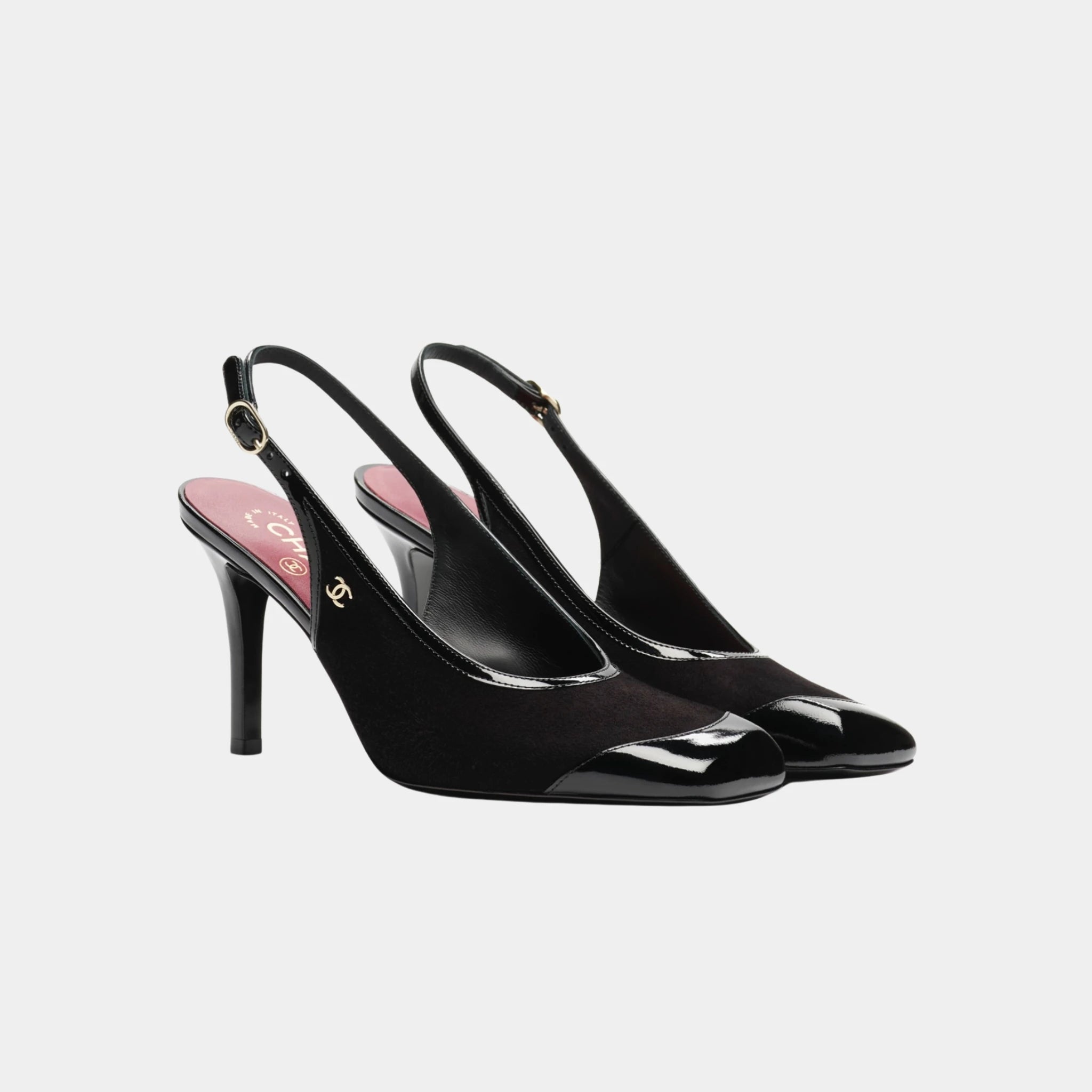 Chanel Slingbacks in Suede Kidskin & Patent Calfskin, Black, Front