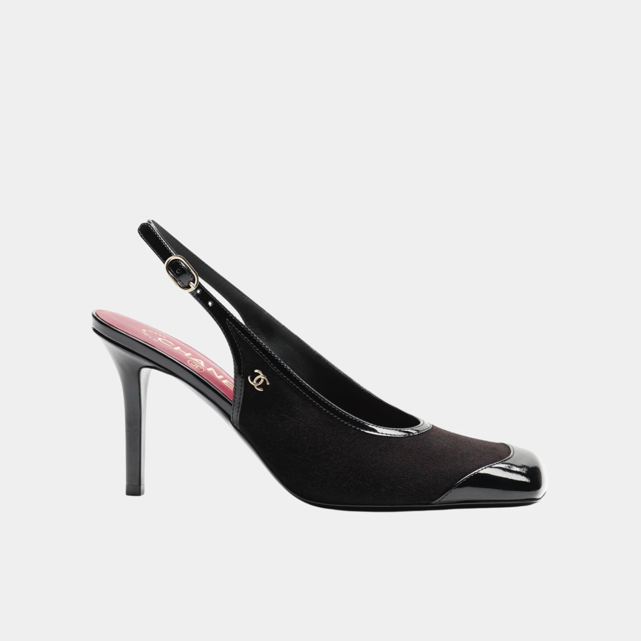 Chanel Slingbacks in Suede Kidskin & Patent Calfskin, Black, Side