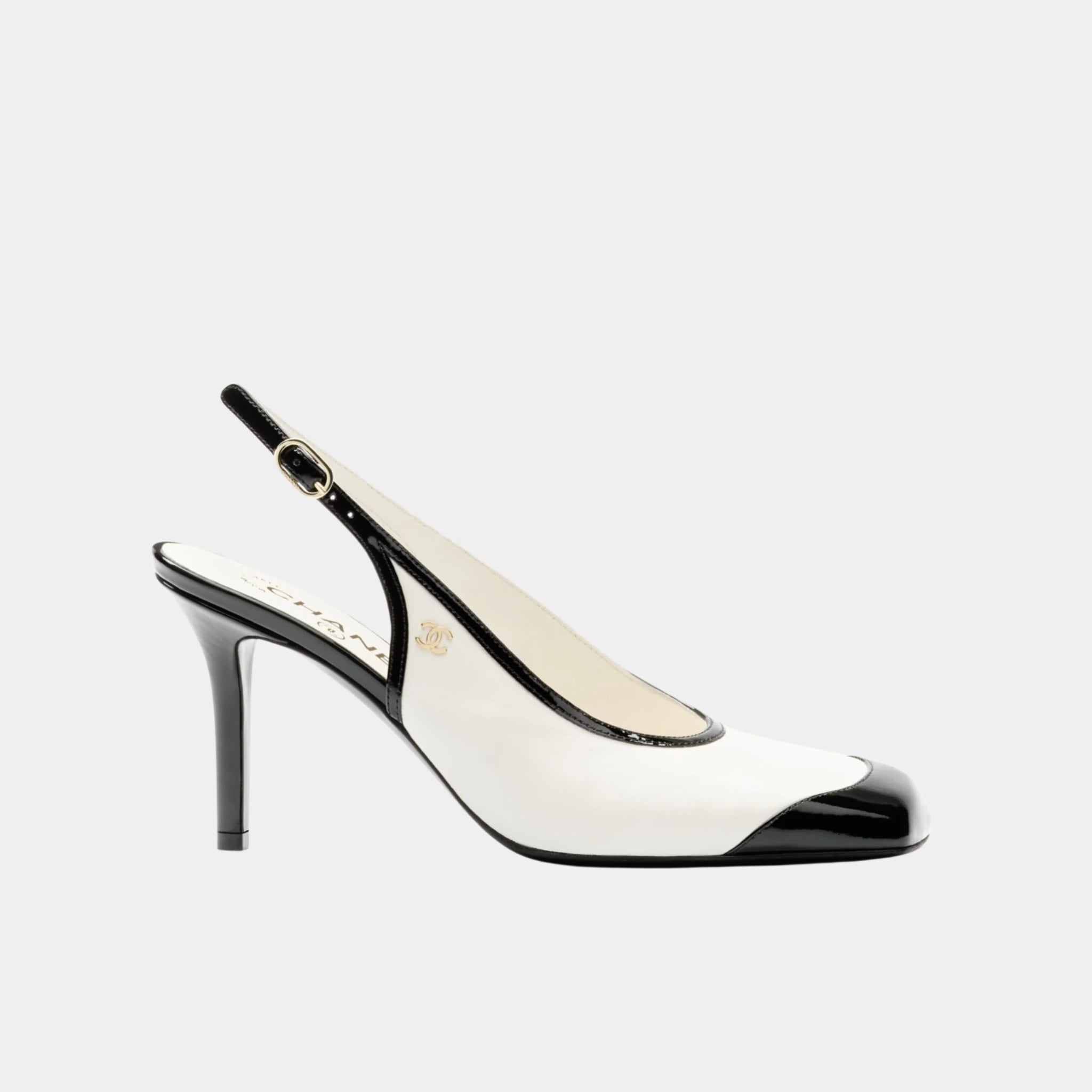 Chanel Slingbacks in Suede Kidskin & Patent Calfskin, White Black, Side