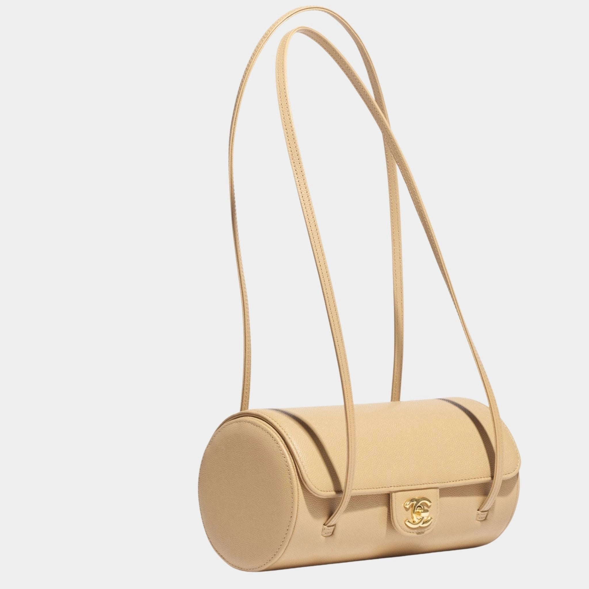 Chanel Small Bowling Bag Grained Calfskin & Gold tone Metal Dark Beige, Side