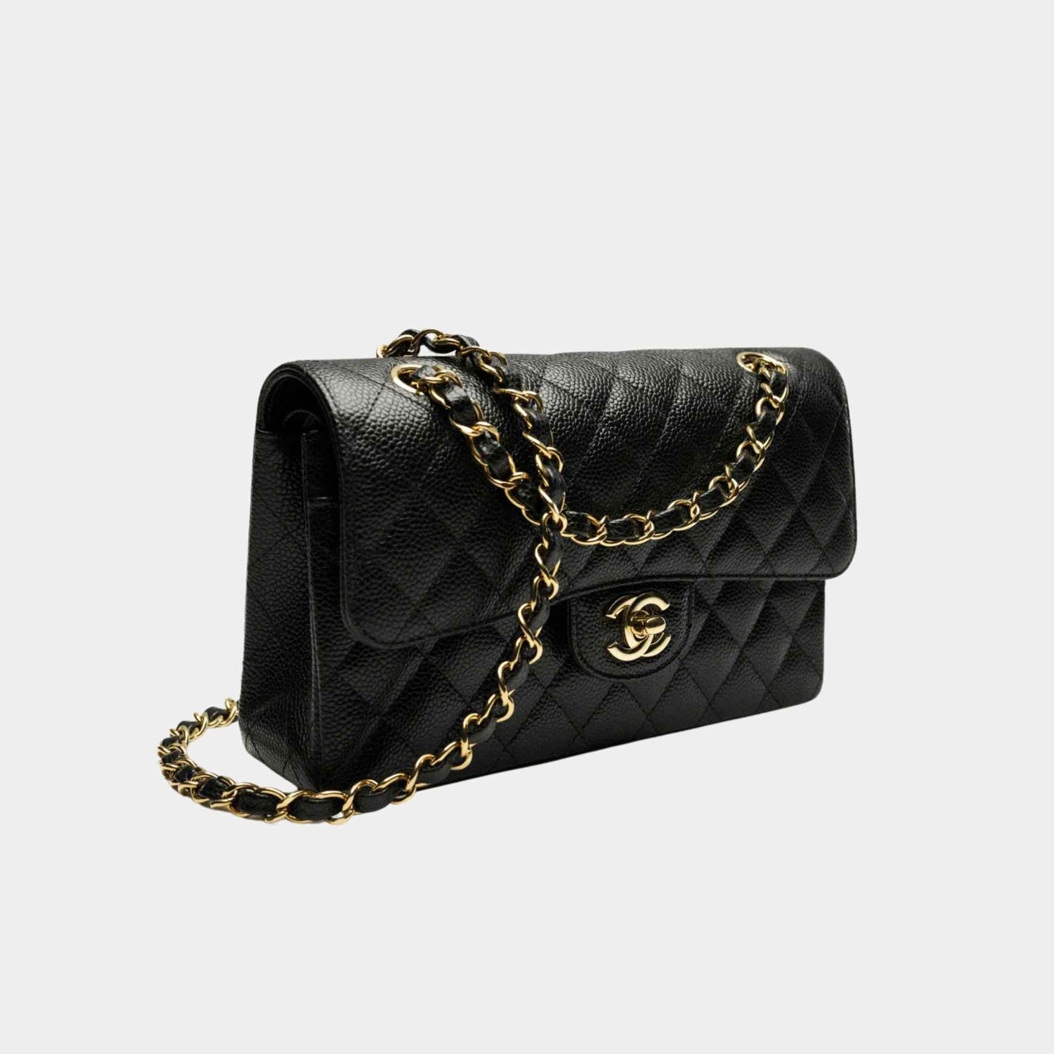 Chanel Small Classic Handbag Grained Calfskin Gold Tone Metal Black, Side