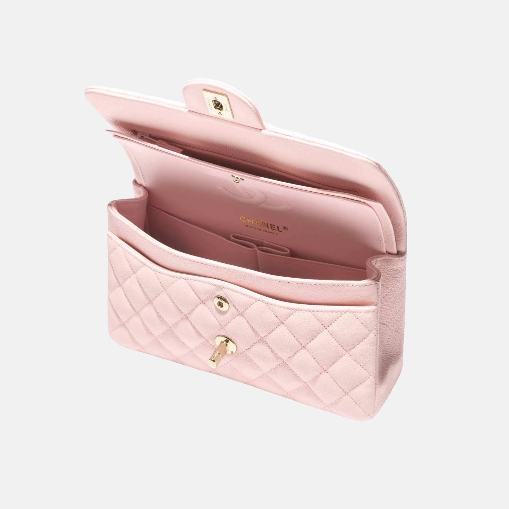 Chanel Small Classic Handbag Grained Shiny Calfskin Gold Tone Metal, Inside