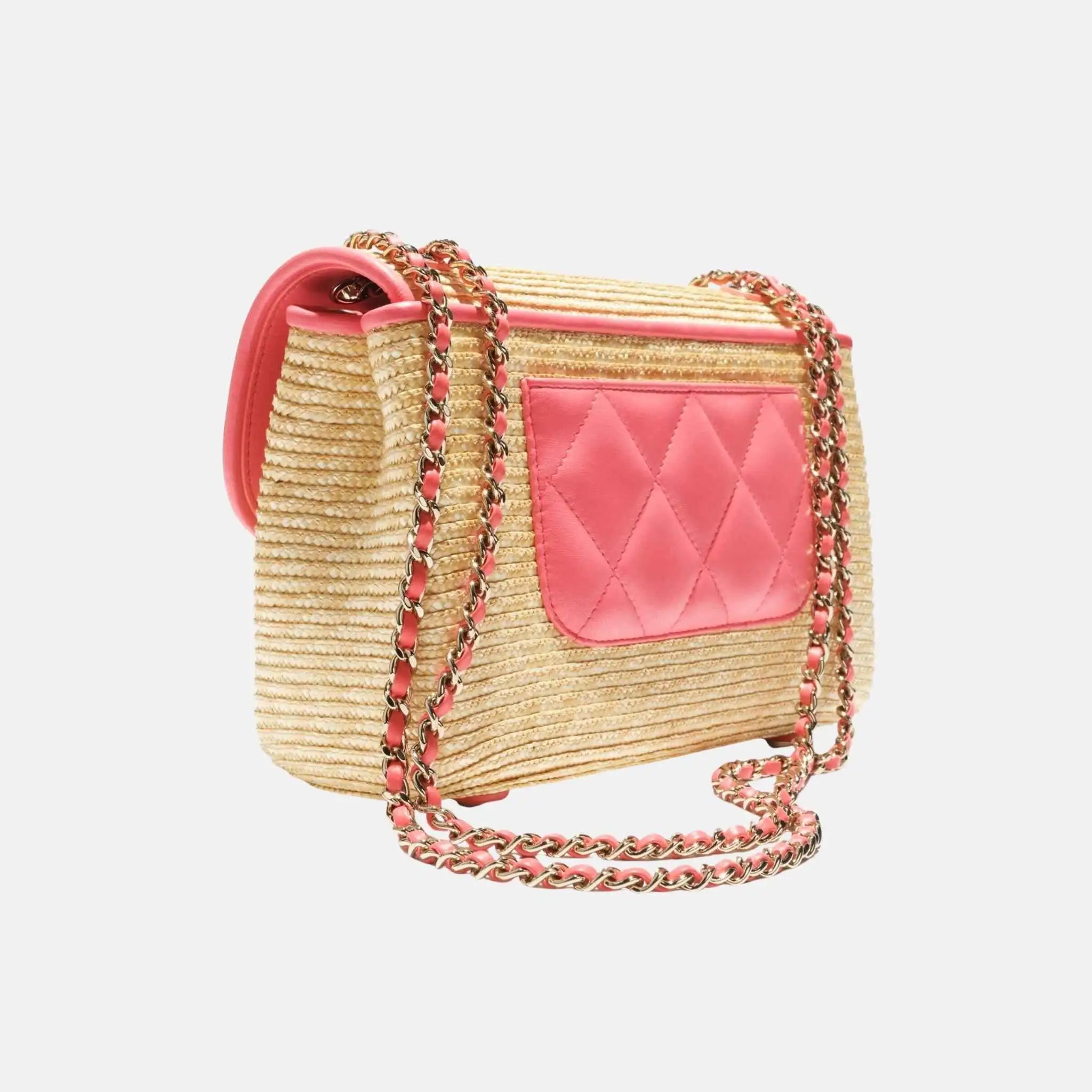 Chanel Small Flap Bag Braided Straw Lambskin Gold Tone Metal, Back