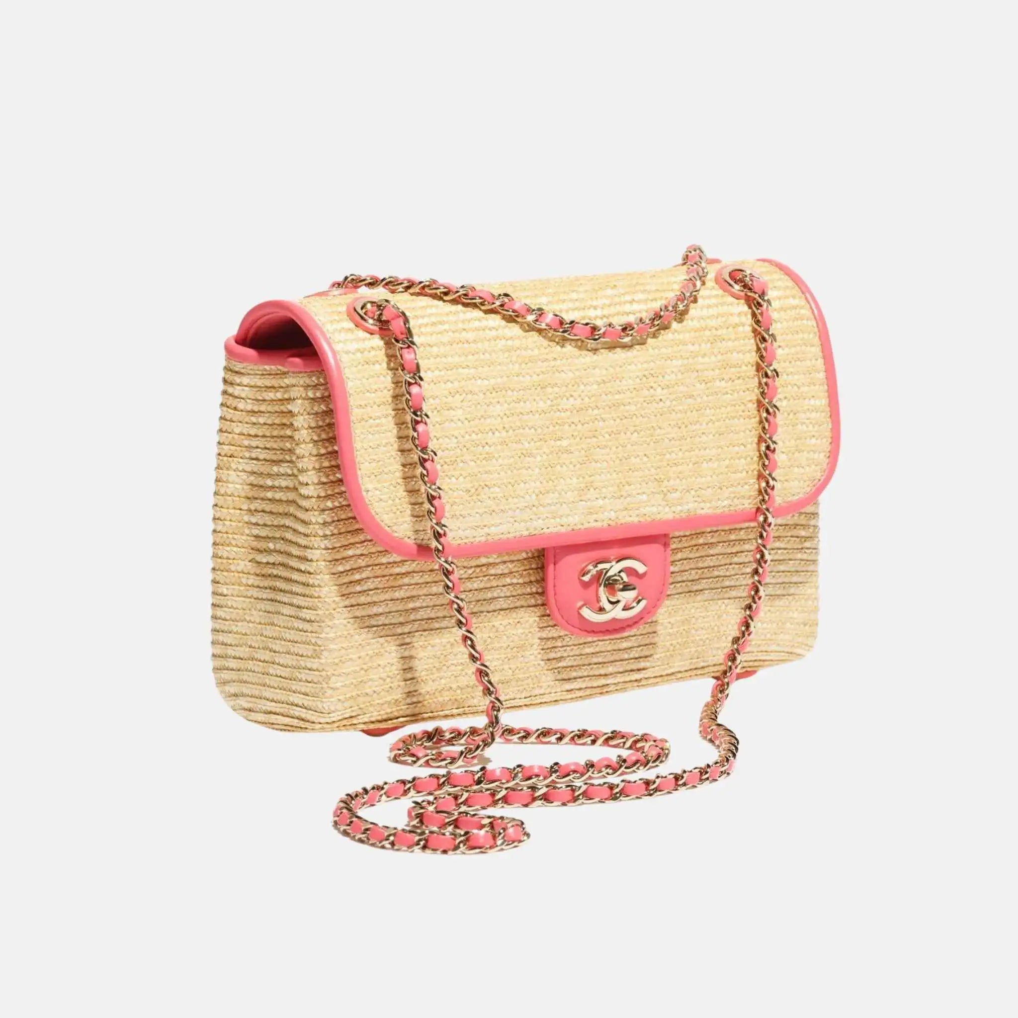Chanel Small Flap Bag Braided Straw Lambskin Gold Tone Metal, Side