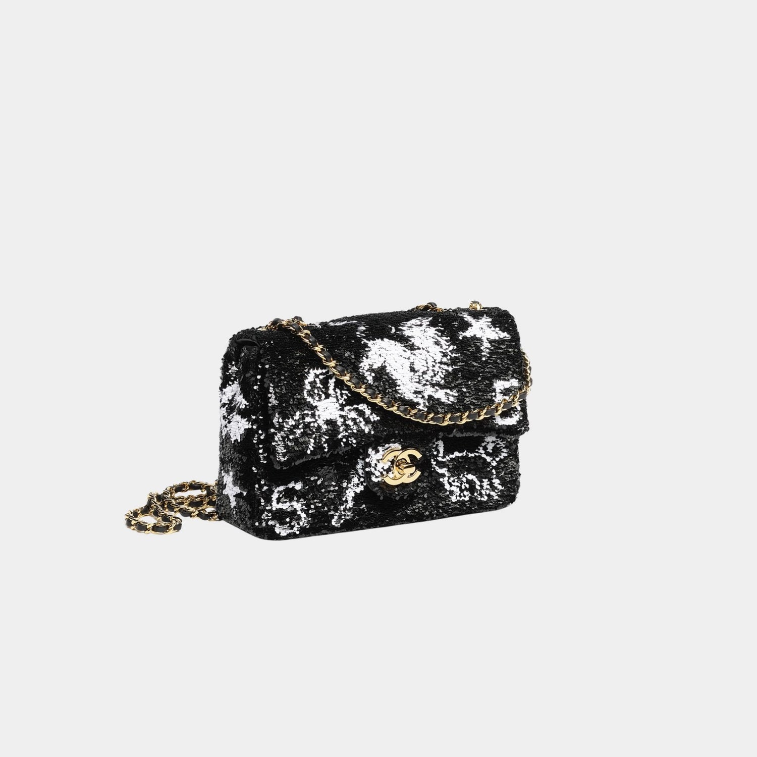 Chanel Small Flap Bag Sequins & Gold-Tone Metal Black & White
