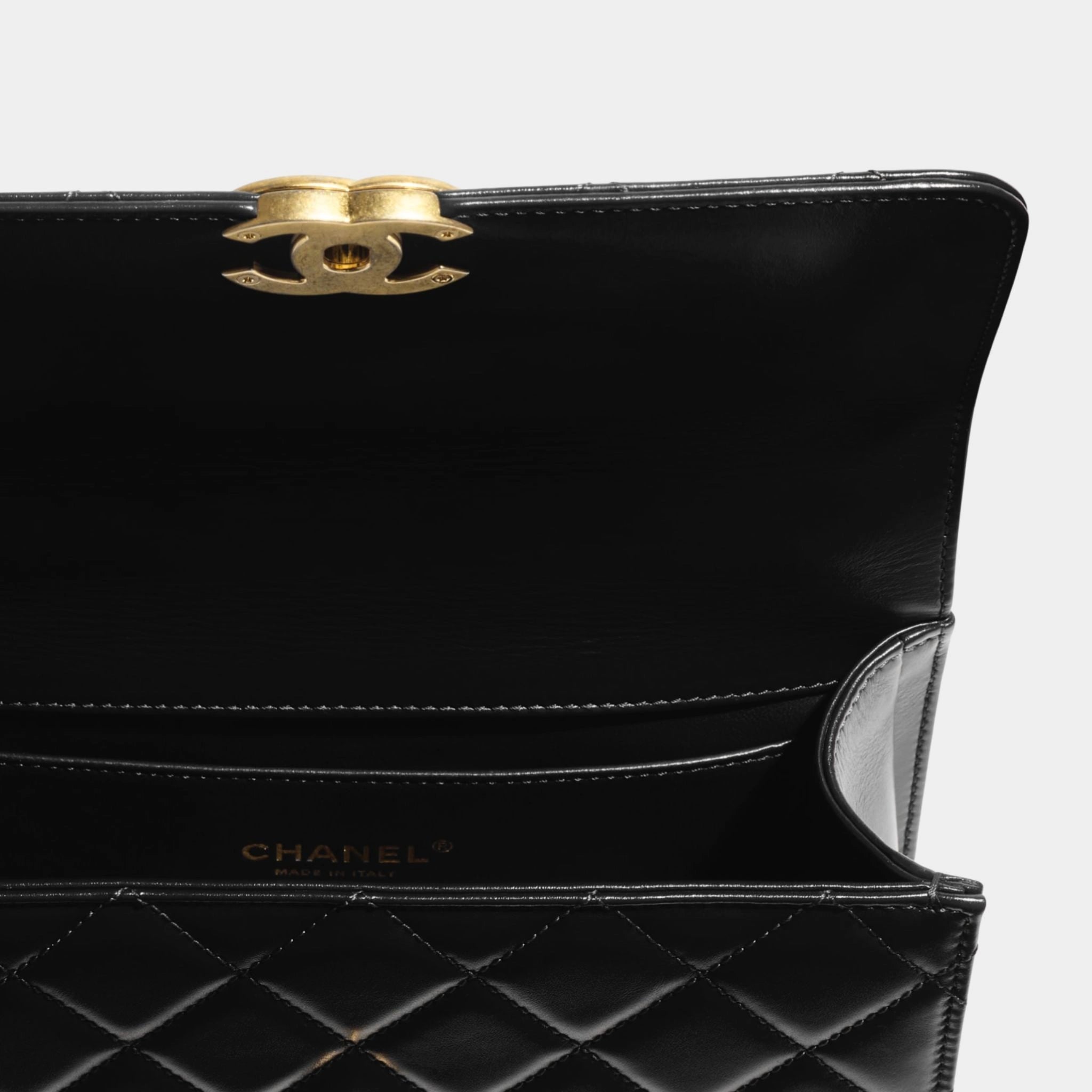 Chanel Small Flap Bag Shiny Calskin & Gold Tone Metal Black