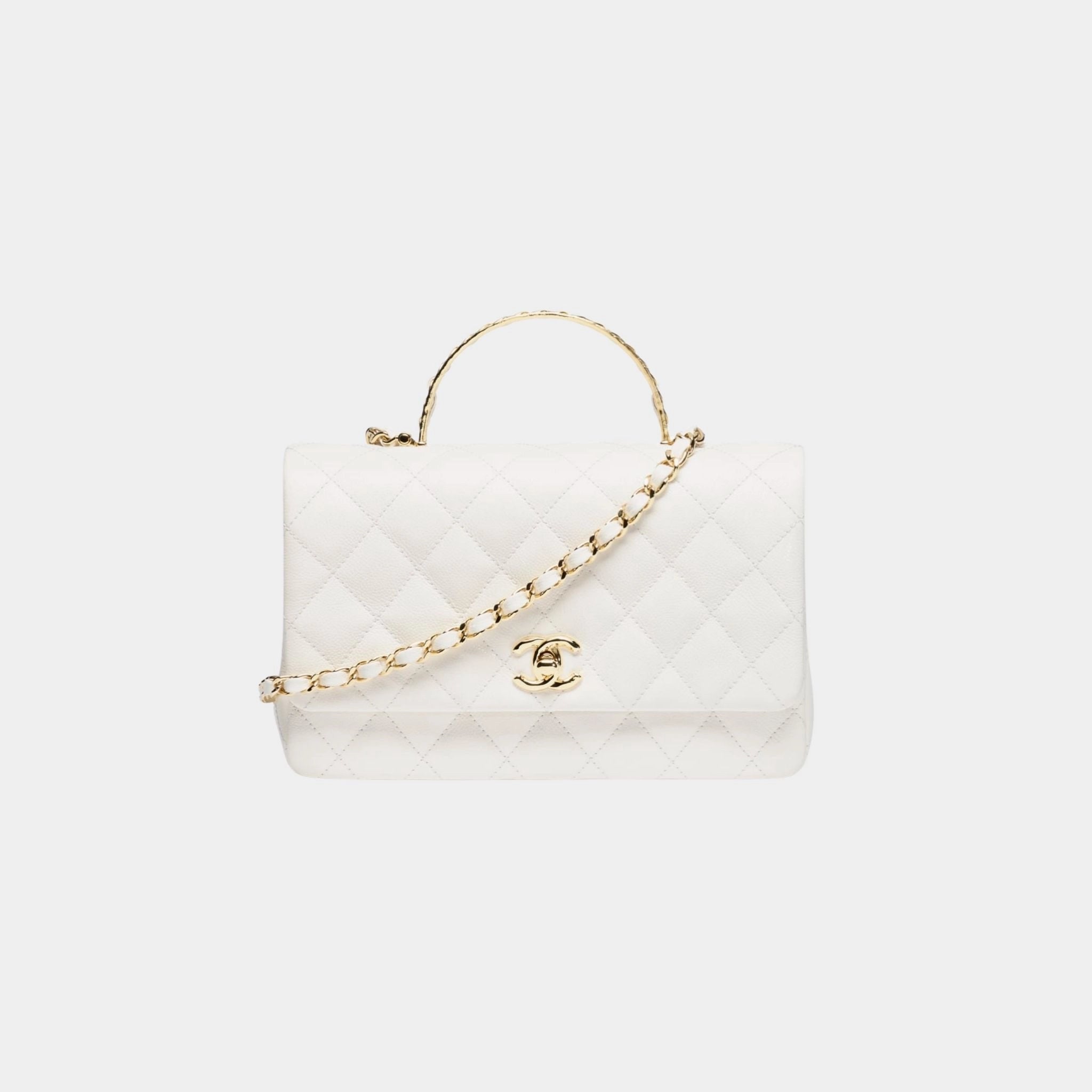 Small Flap Bag With Top handle Grained Shiny Calfskin & Gold Tone Metal White, Front