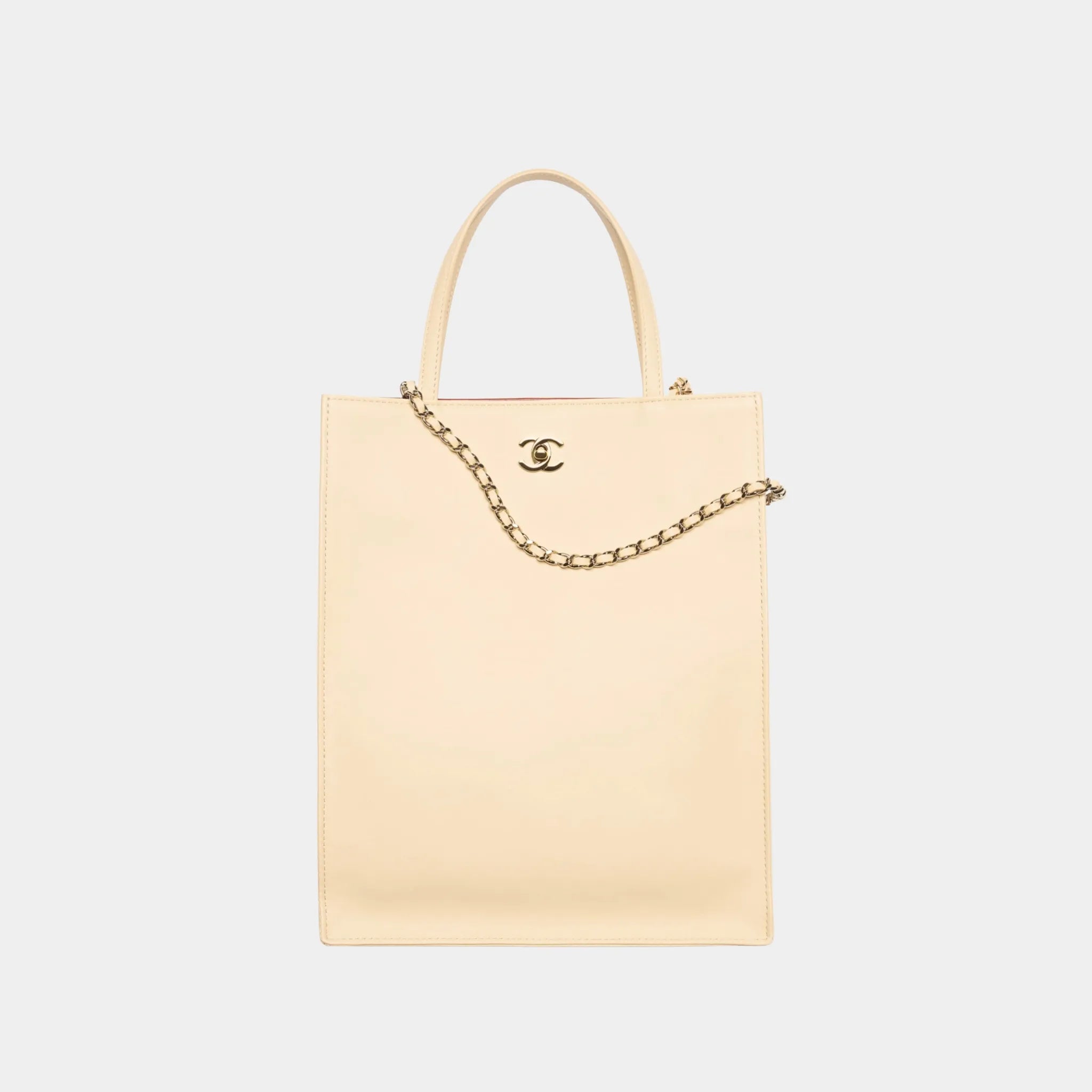 Chanel Small Tote Bag in Calfskin & Gold-Tone Metal, Beige, Front
