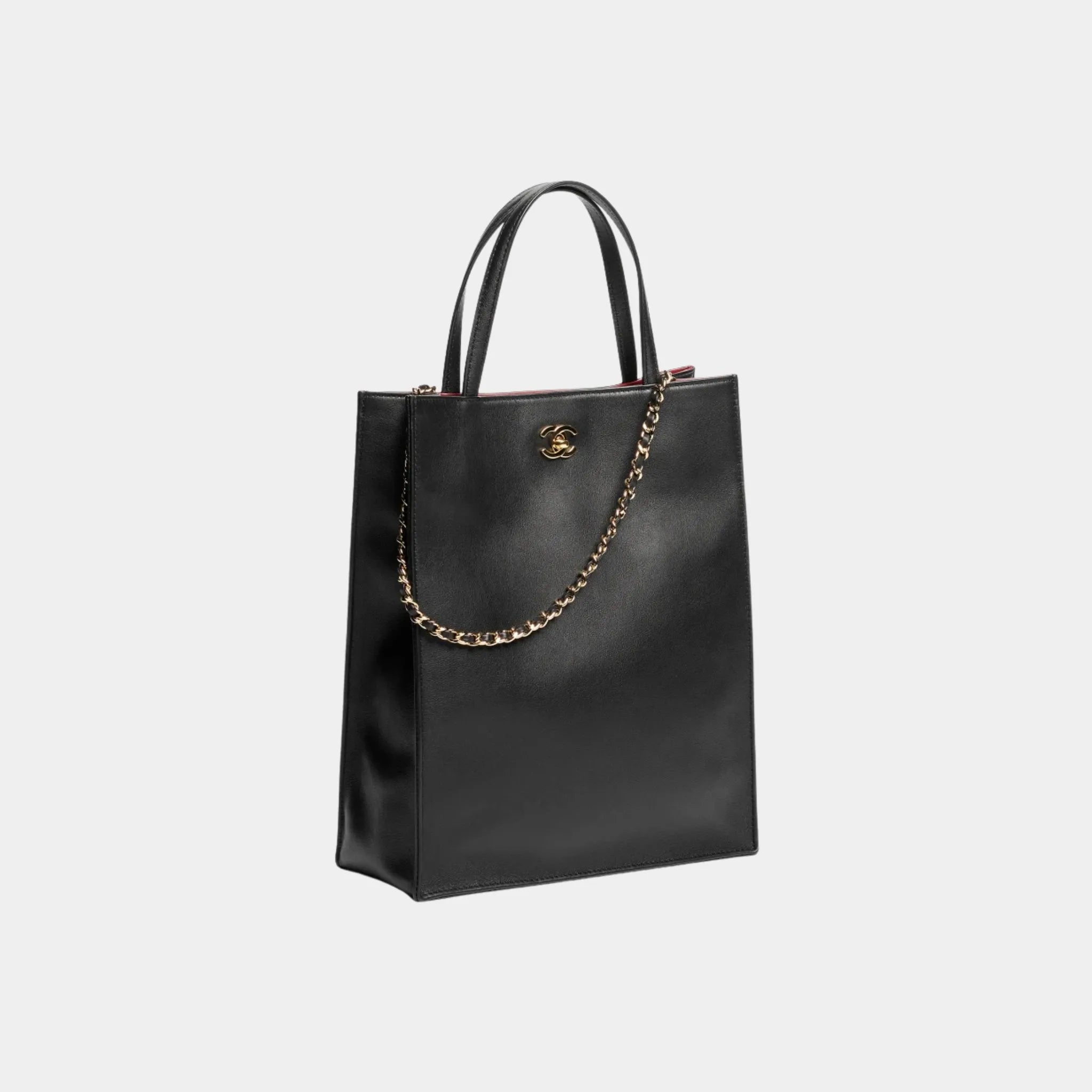 Chanel Small Tote Bag in Calfskin & Gold-Tone Metal, Black, Side