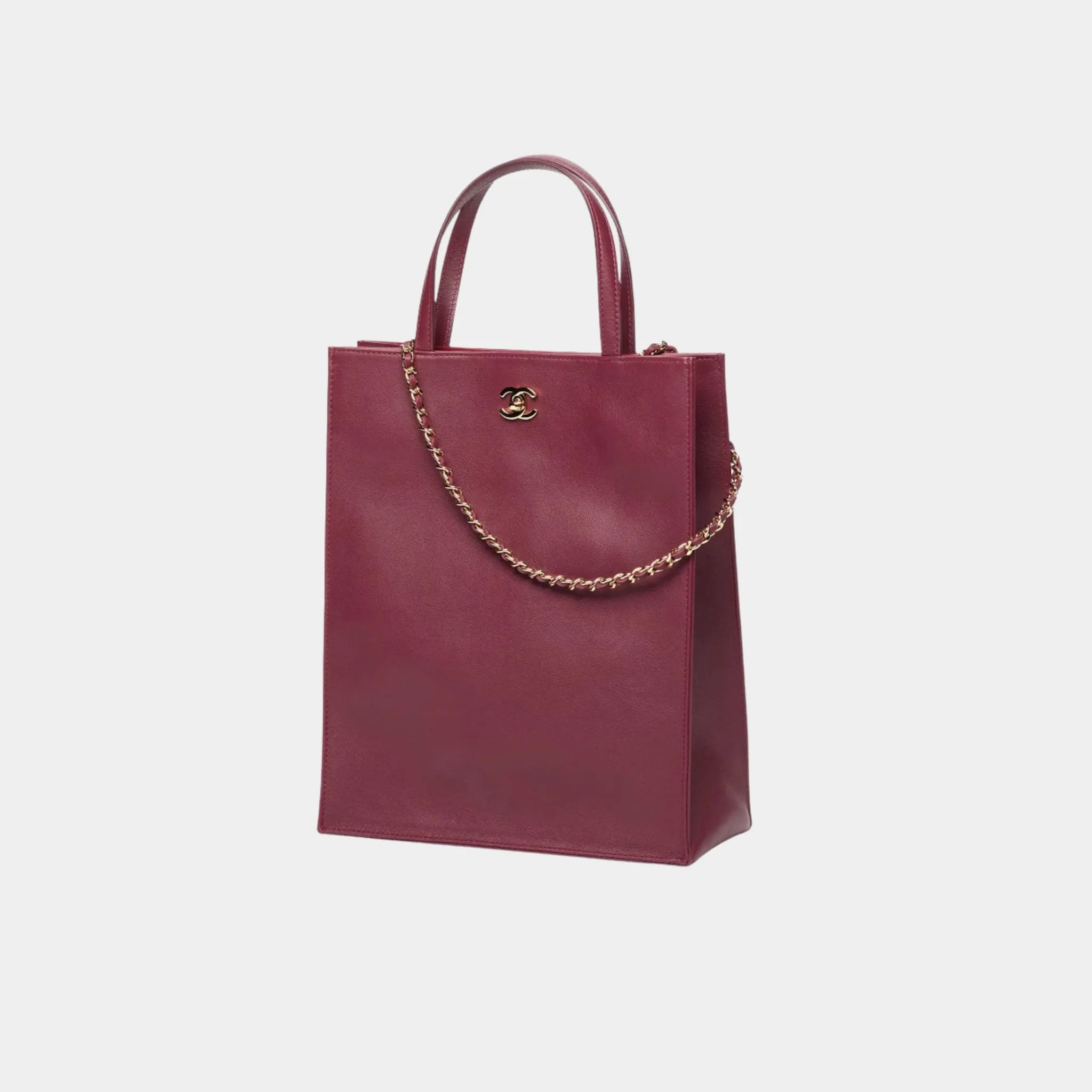 Chanel Small Tote Bag in Calfskin & Gold-Tone Metal, Dark Burgundy, Side