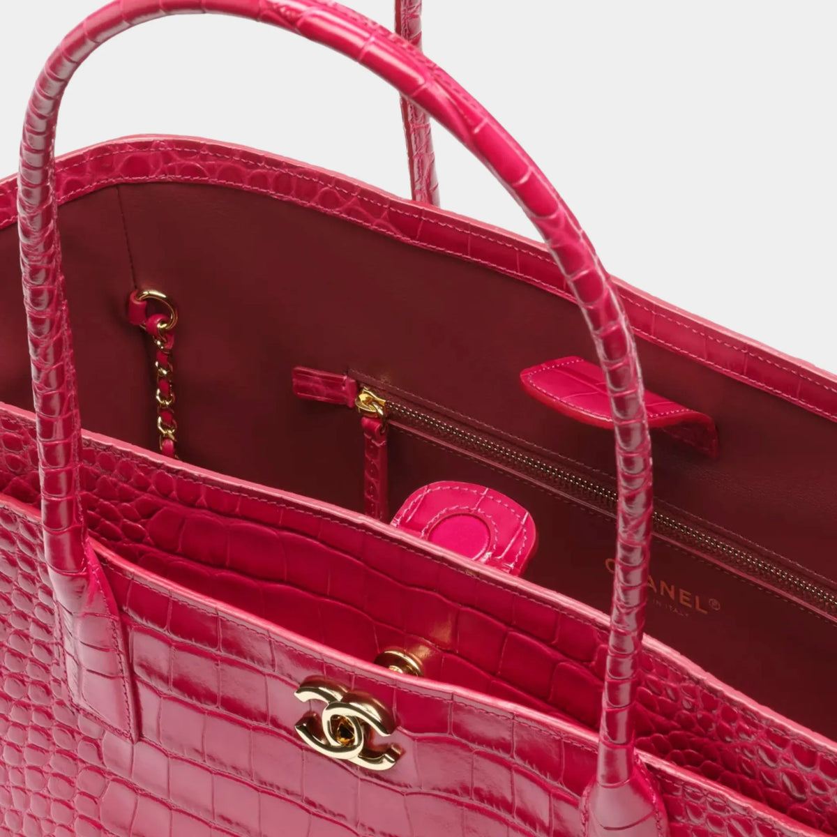 Small Tote Bag Crocodile-embossed Calfskin & Gold-Tone Metal Fuchsia