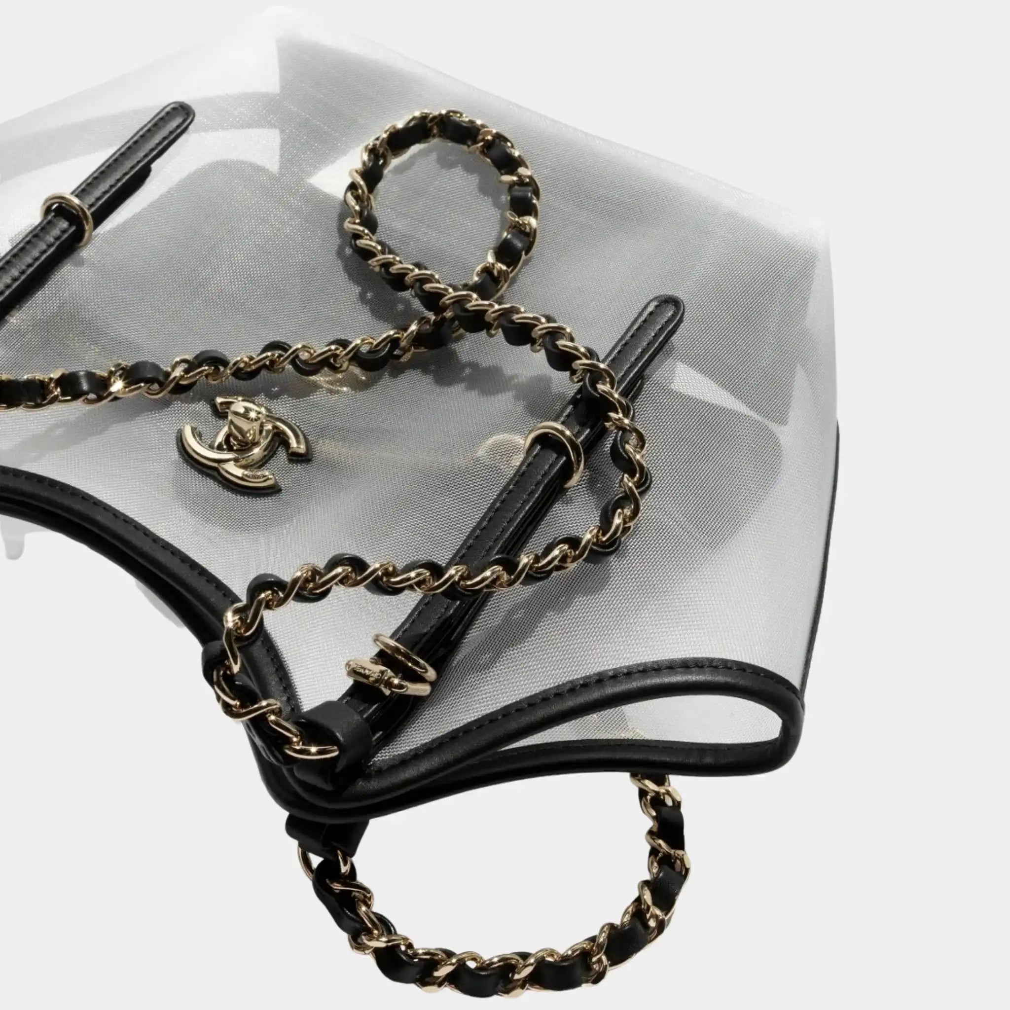 Small Tote Bag Fishnet Calfskin & Gold-Tone Metal Transparent & Black