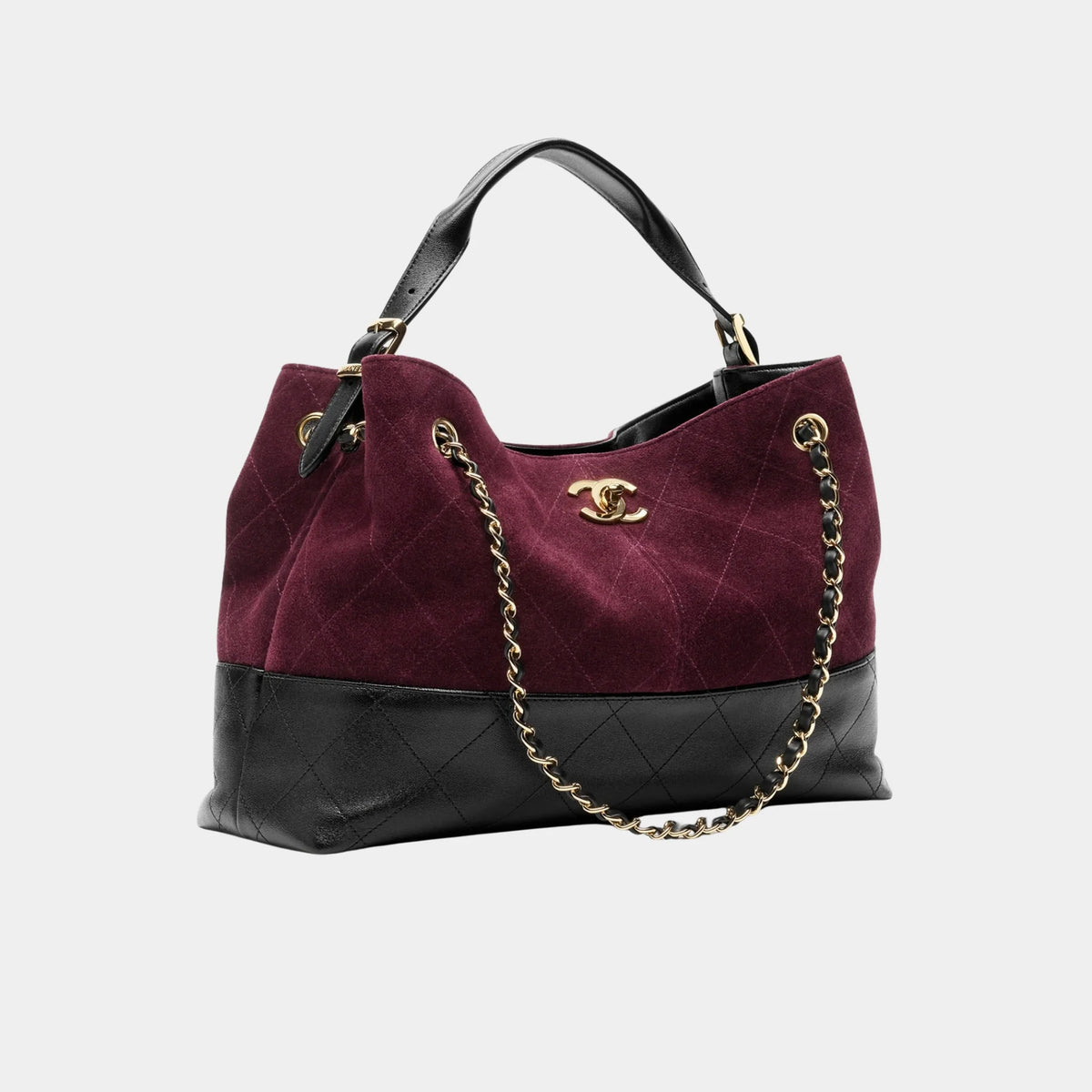 Chanel Small Tote Bag Suede Calfskin Shiny Lambskin & Gold-Tone Metal Burgundy & black
