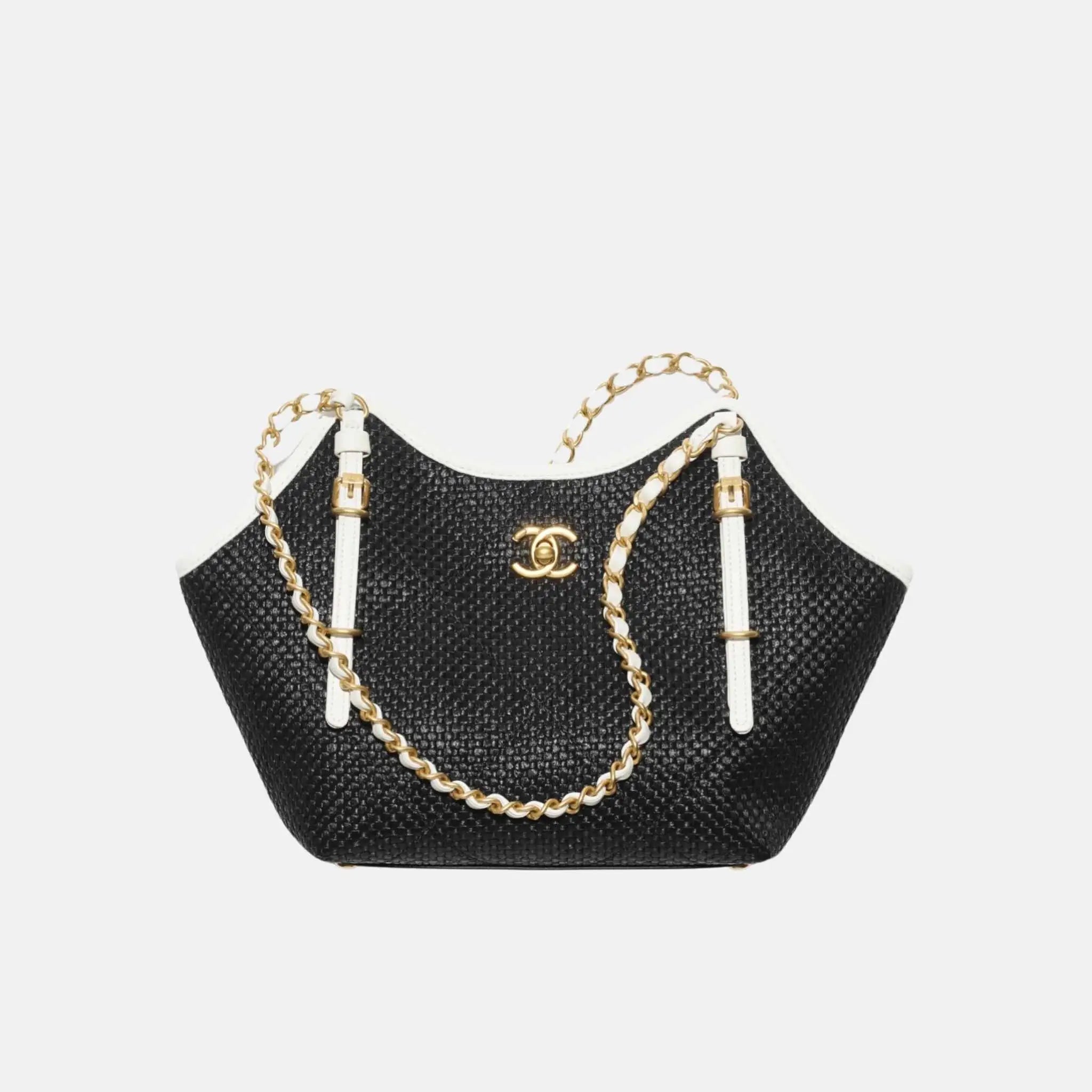 Chanel Small Tote in Braided Raffia Calfskin and Gold Tone Metal, Front