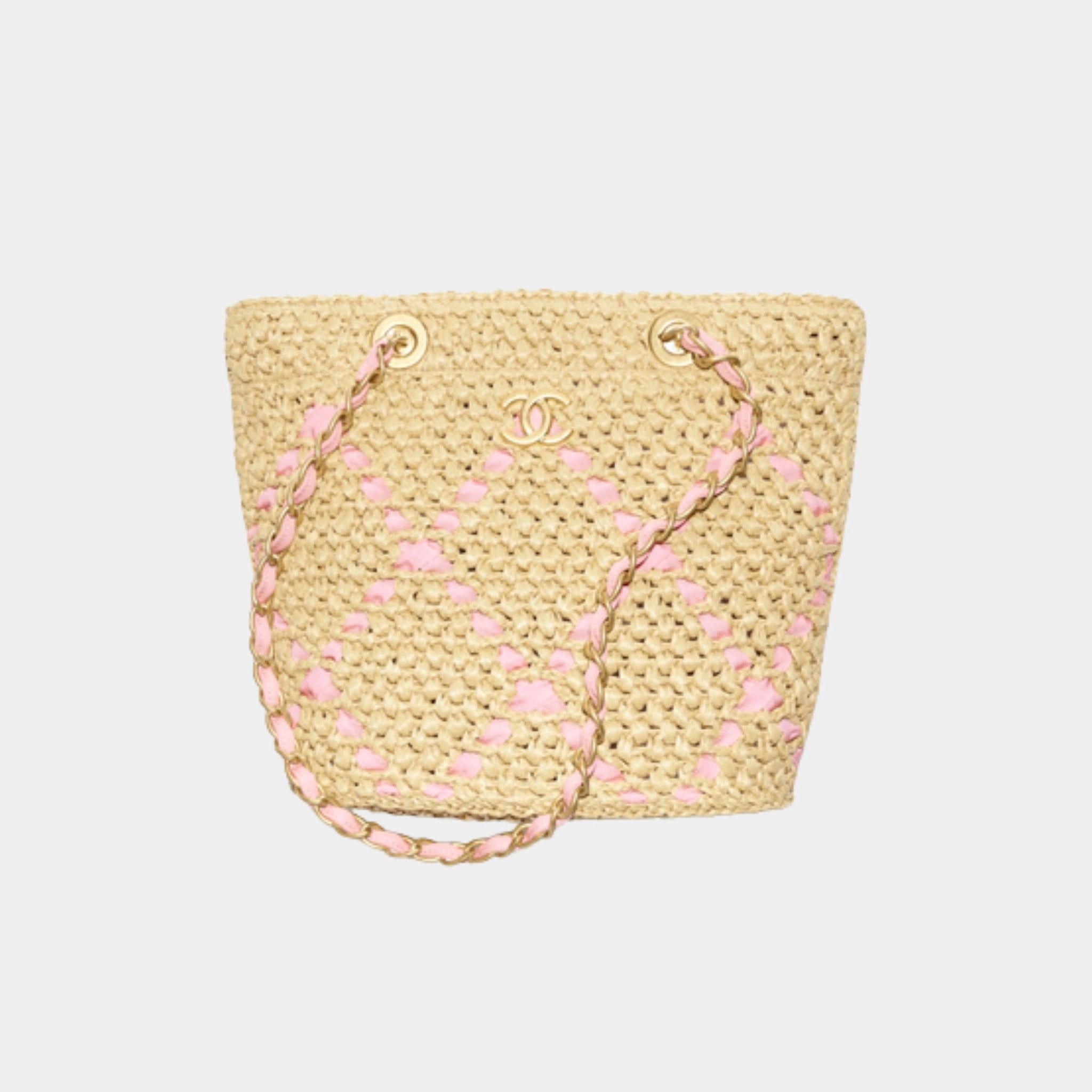 Small Tote Braided Raffia Cotton Grosgain Ribbon & gold tone metal, Light pink . Side