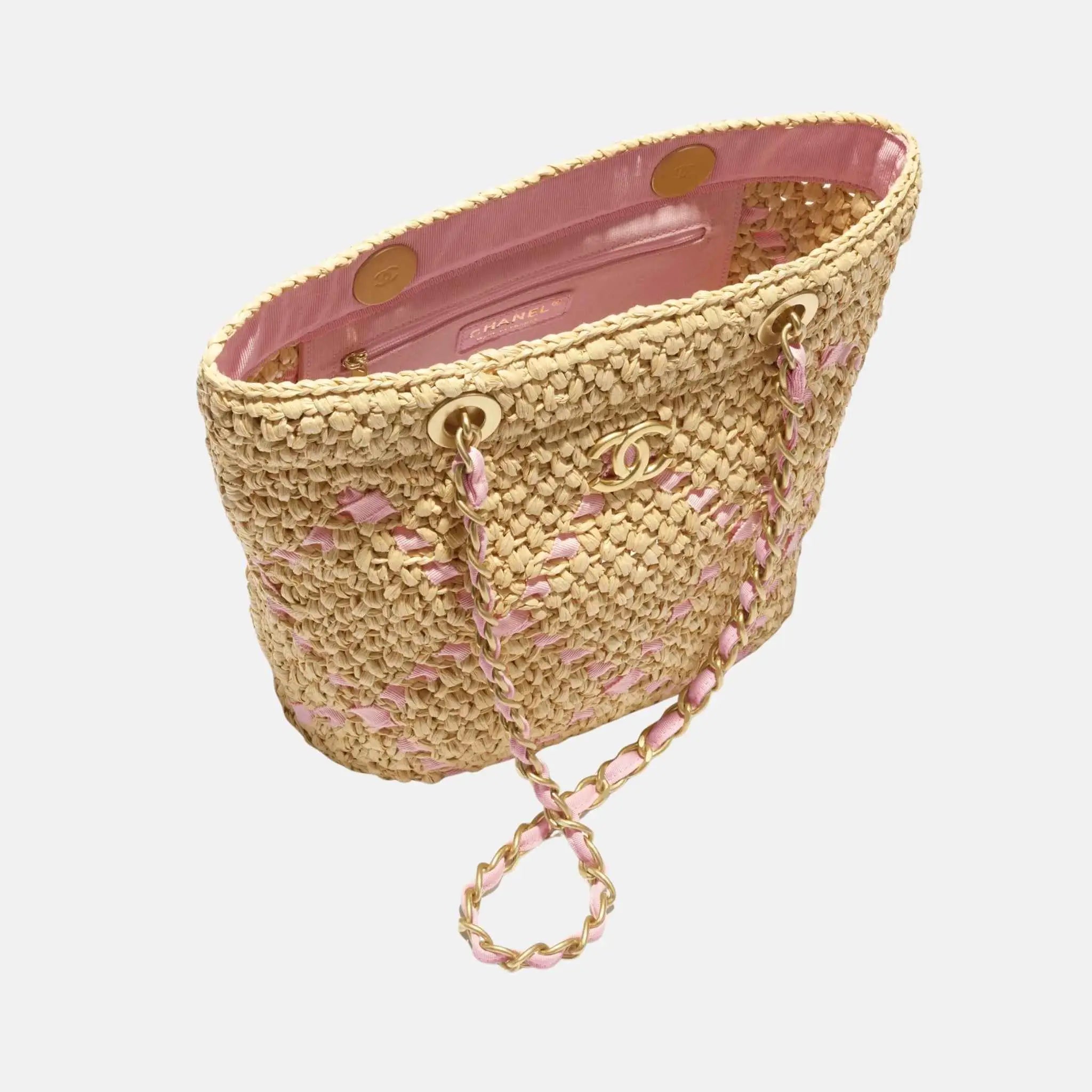Small Tote Braided Raffia Cotton Grosgain Ribbon & gold tone metal, Light pink . inside