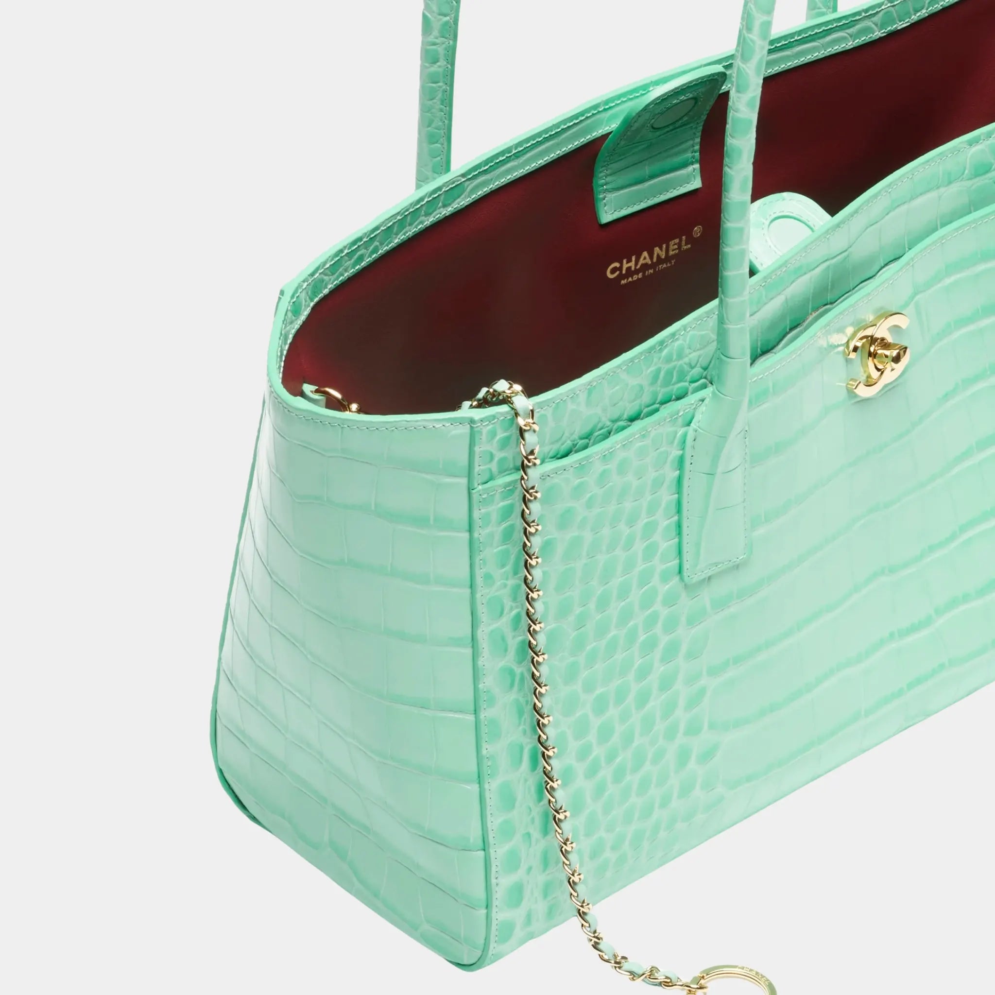Chanel Small Tote in Crocodile Embossed Calfskin & Gold-Tone Metal, Green, Side