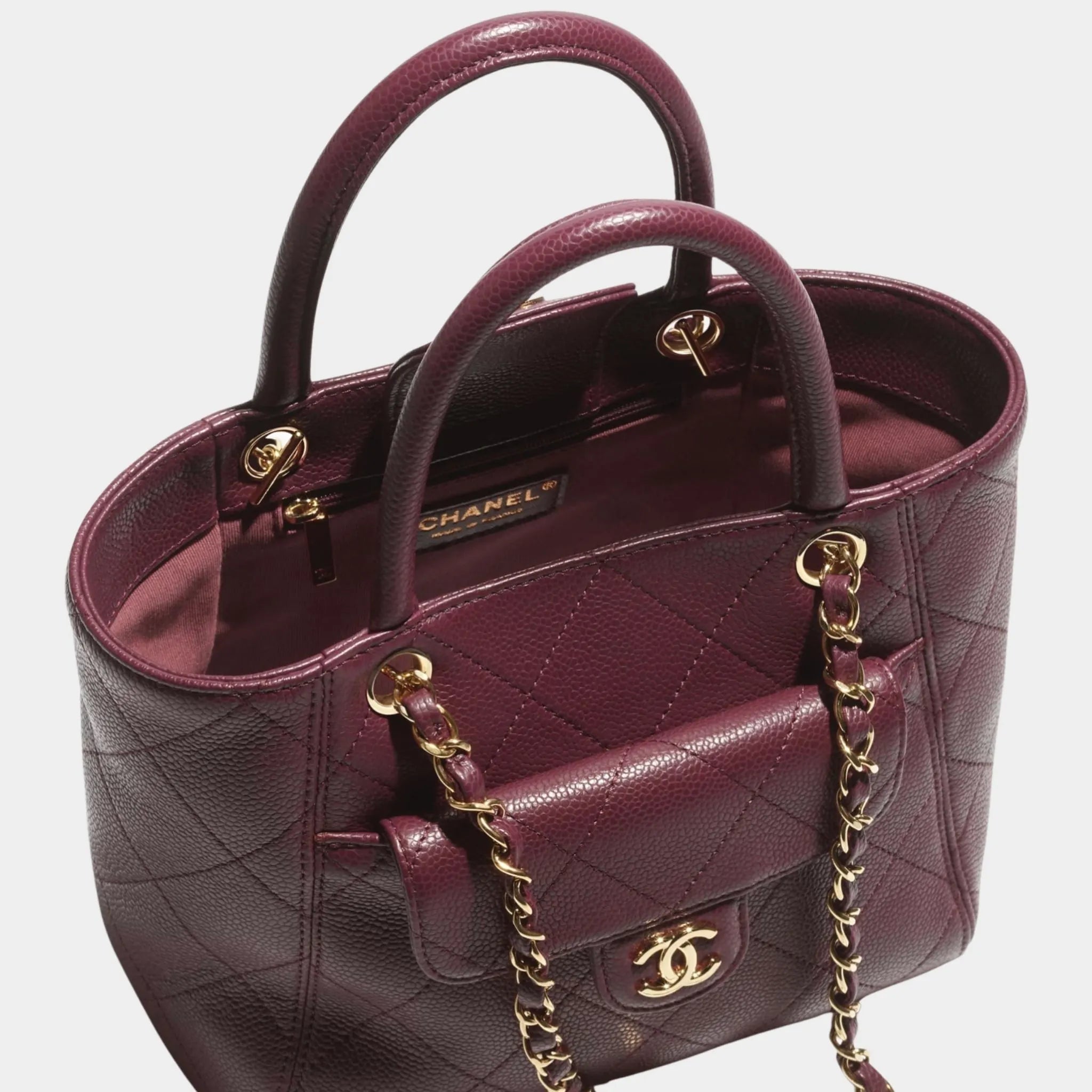 Small Tote Grained Calfskin & Gold Tone Metal Dark Burgundy