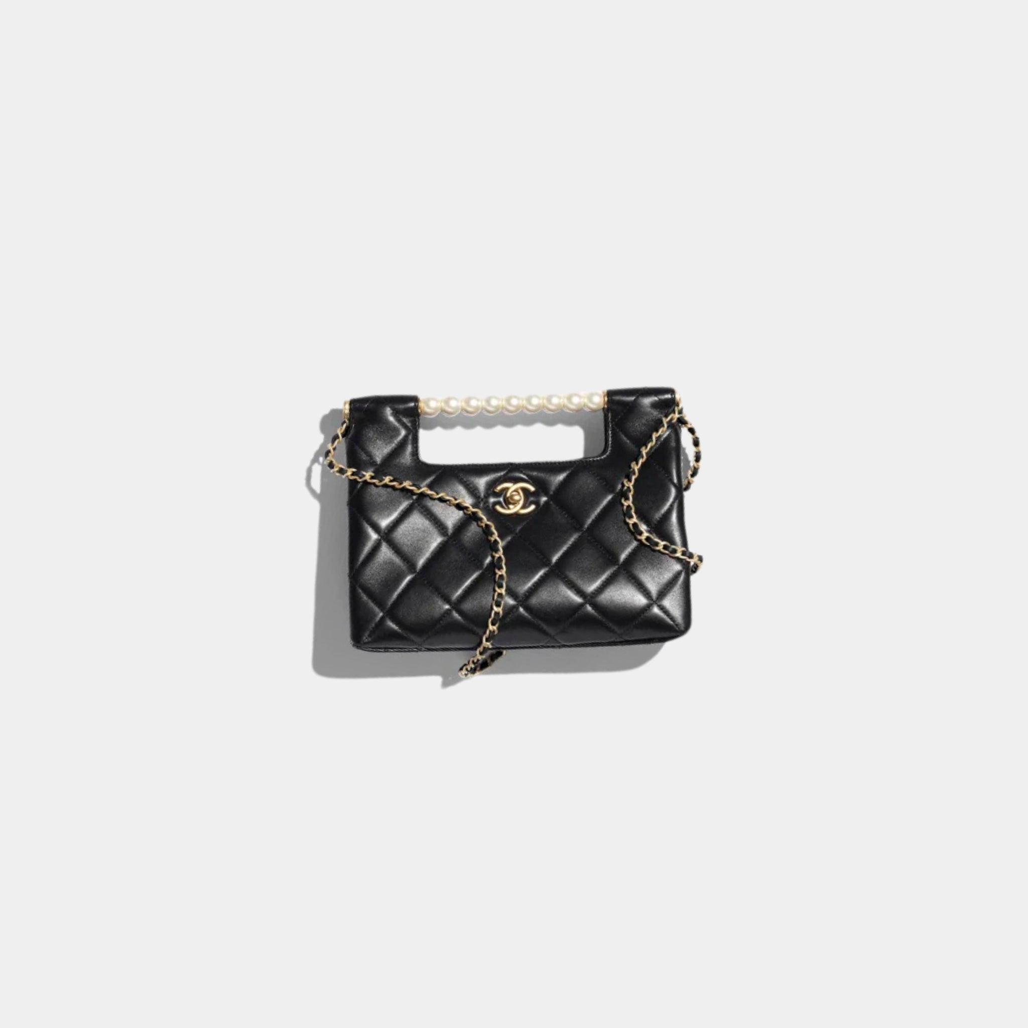 Chanel Small Tote Shiny Lambskin Pearls Gold-Tone Metal Black, Front