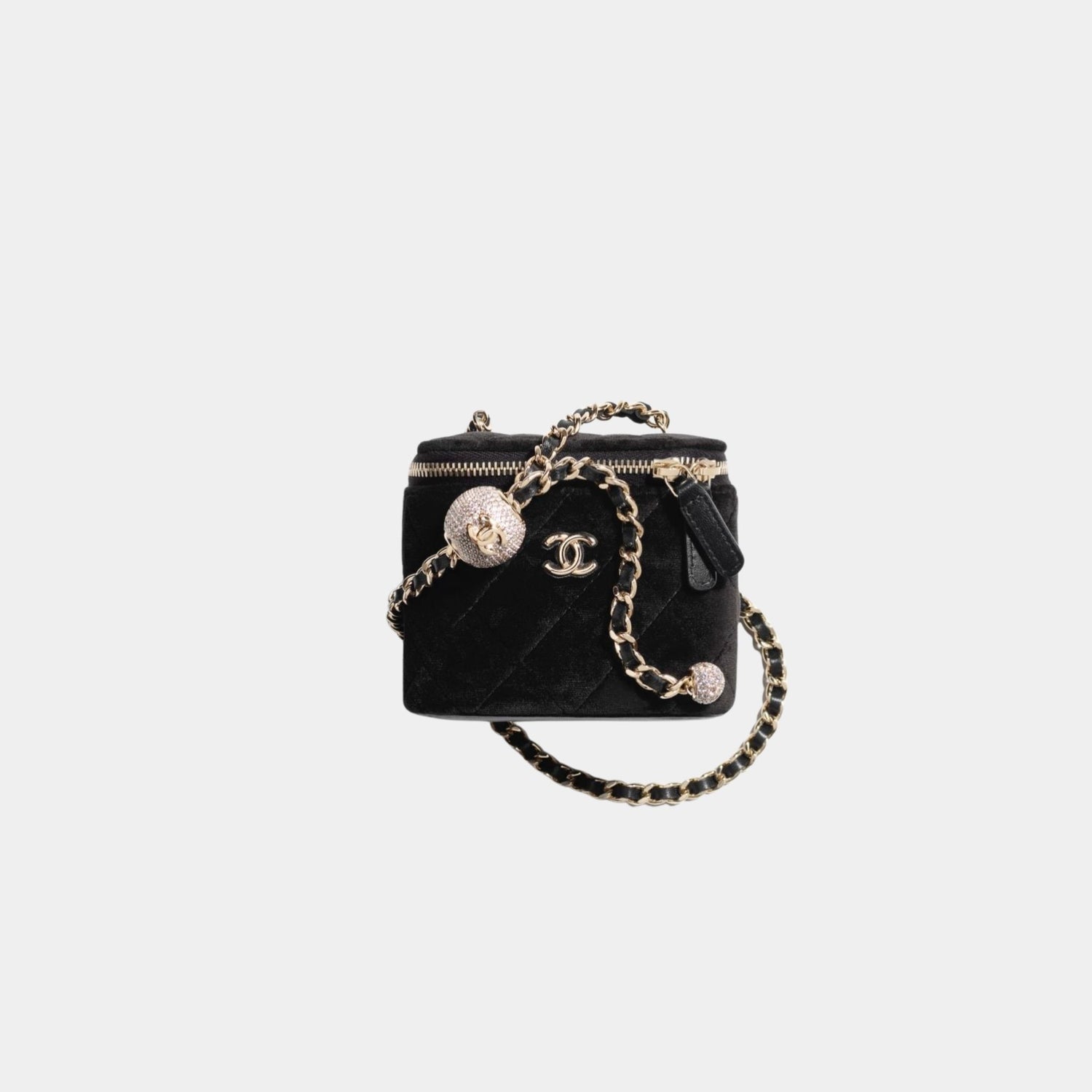 Chanel Small Vanity with Chain in Velvet with Diamante, Black, Front