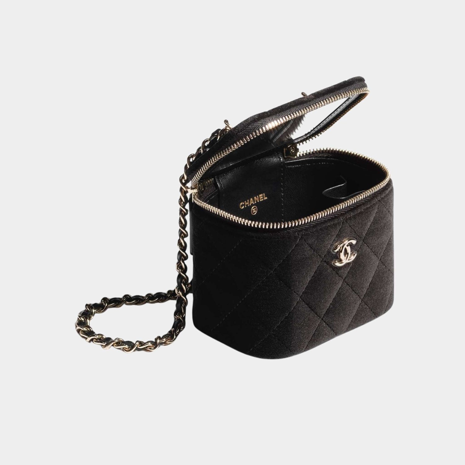 Chanel Small Vanity with Chain in Velvet with Diamante, Black, Top View