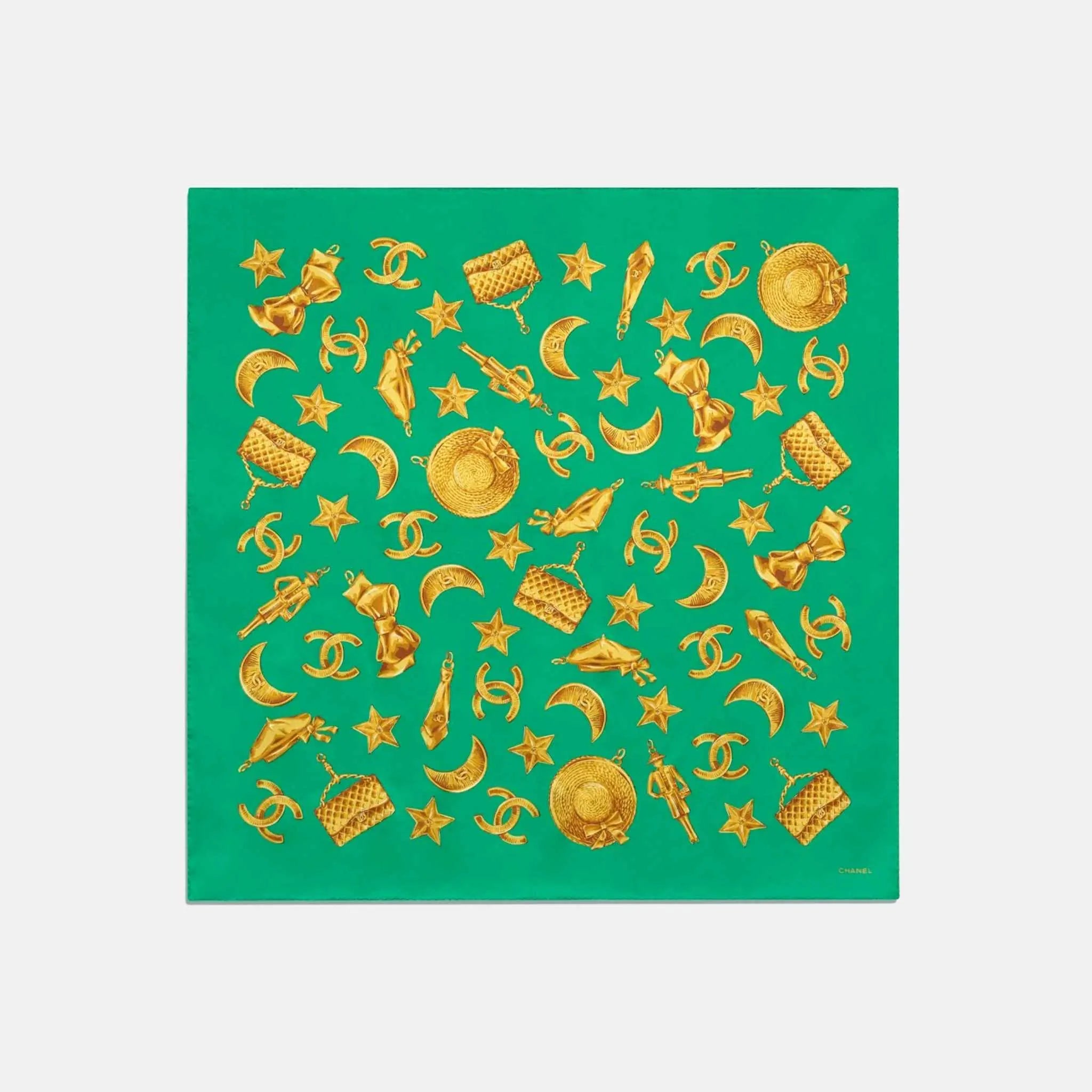 Square Scarf in Silk Satin Green and Gold