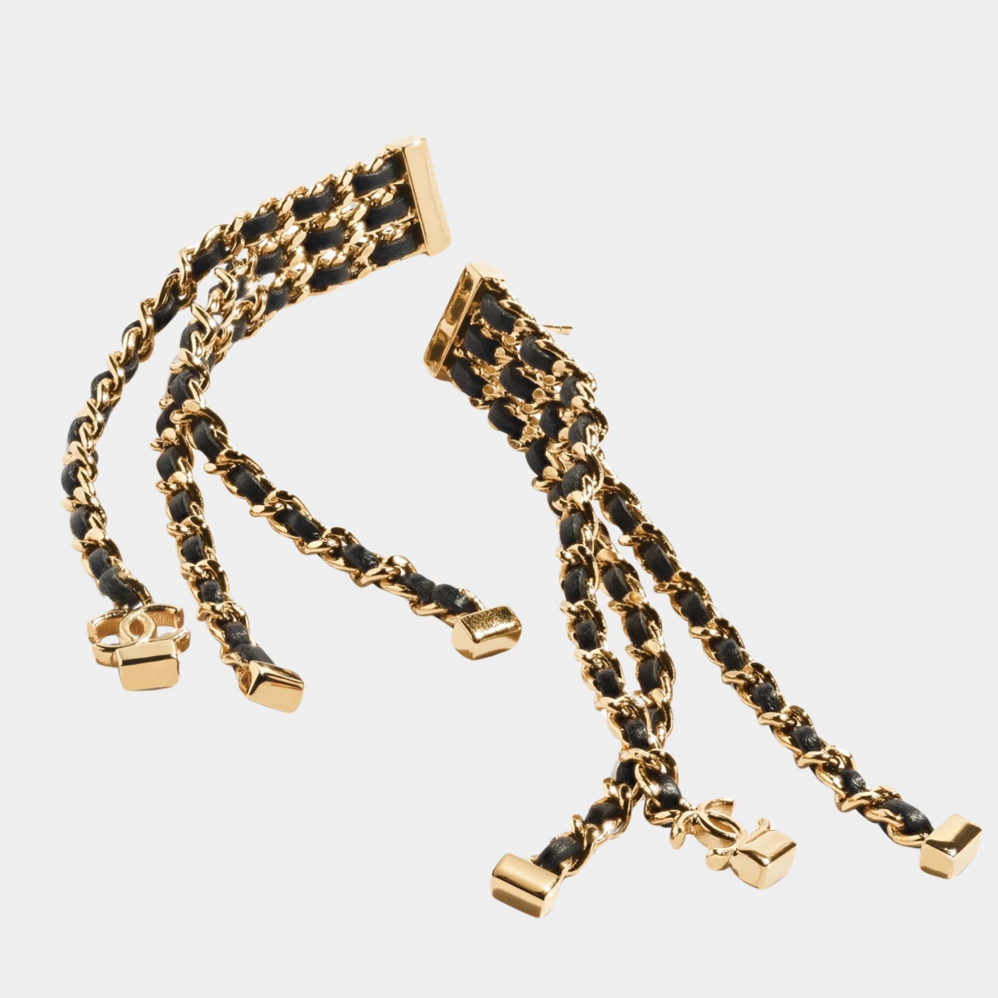 Chanel Strings Pendant Earrings Metal & Lambskin Golden & Black