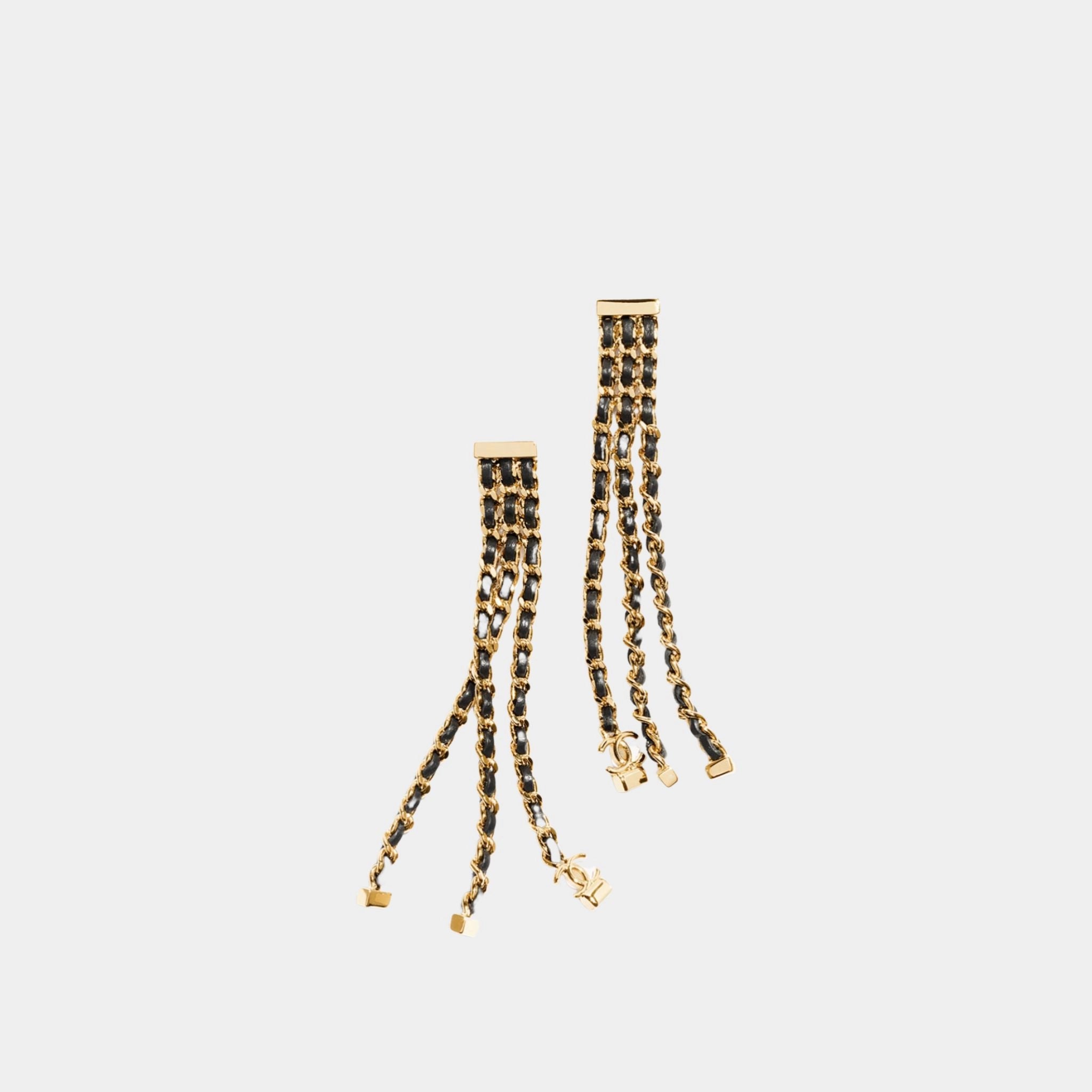 Chanel Strings Pendant Earrings Metal & Lambskin Golden & Black