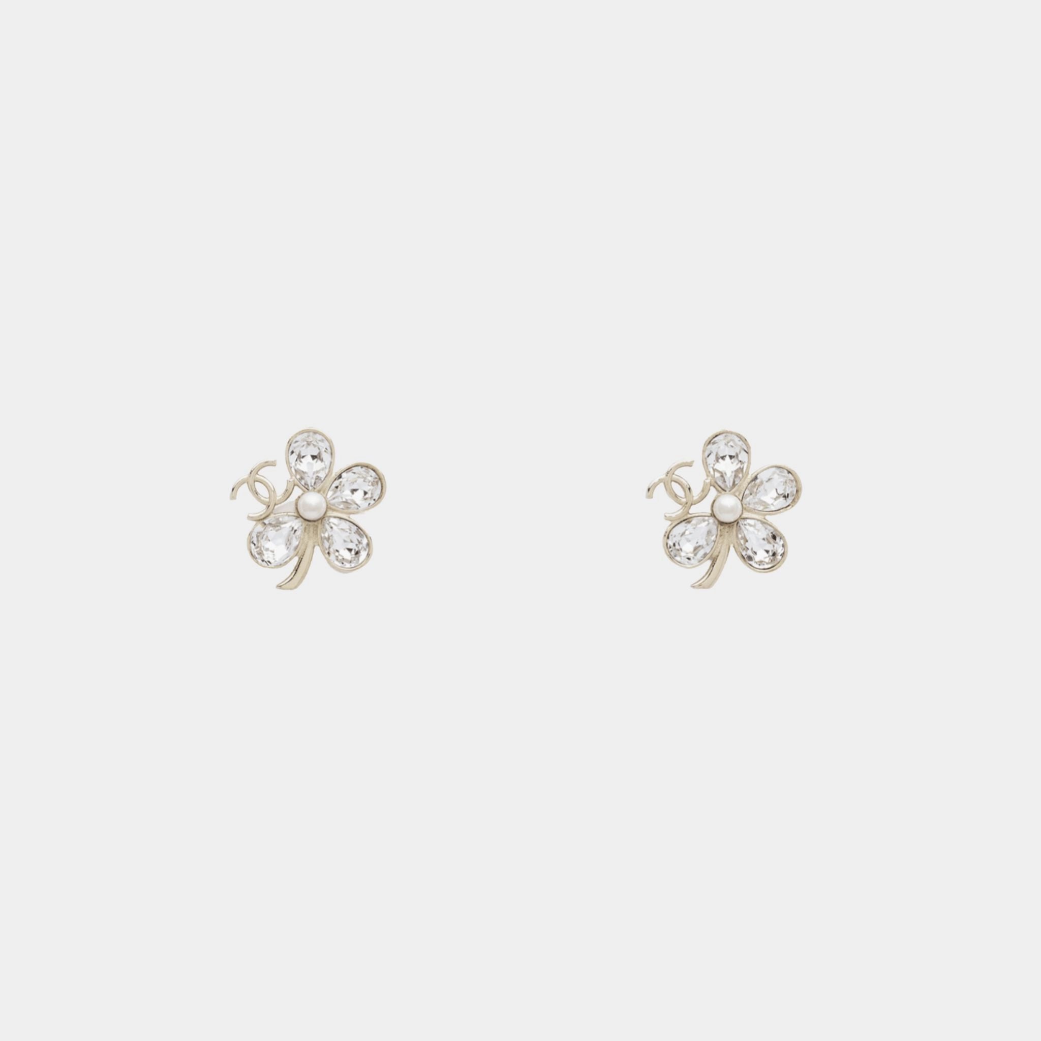 Stud Flower CC Earrings Metal Imitation Pearls & Diamante