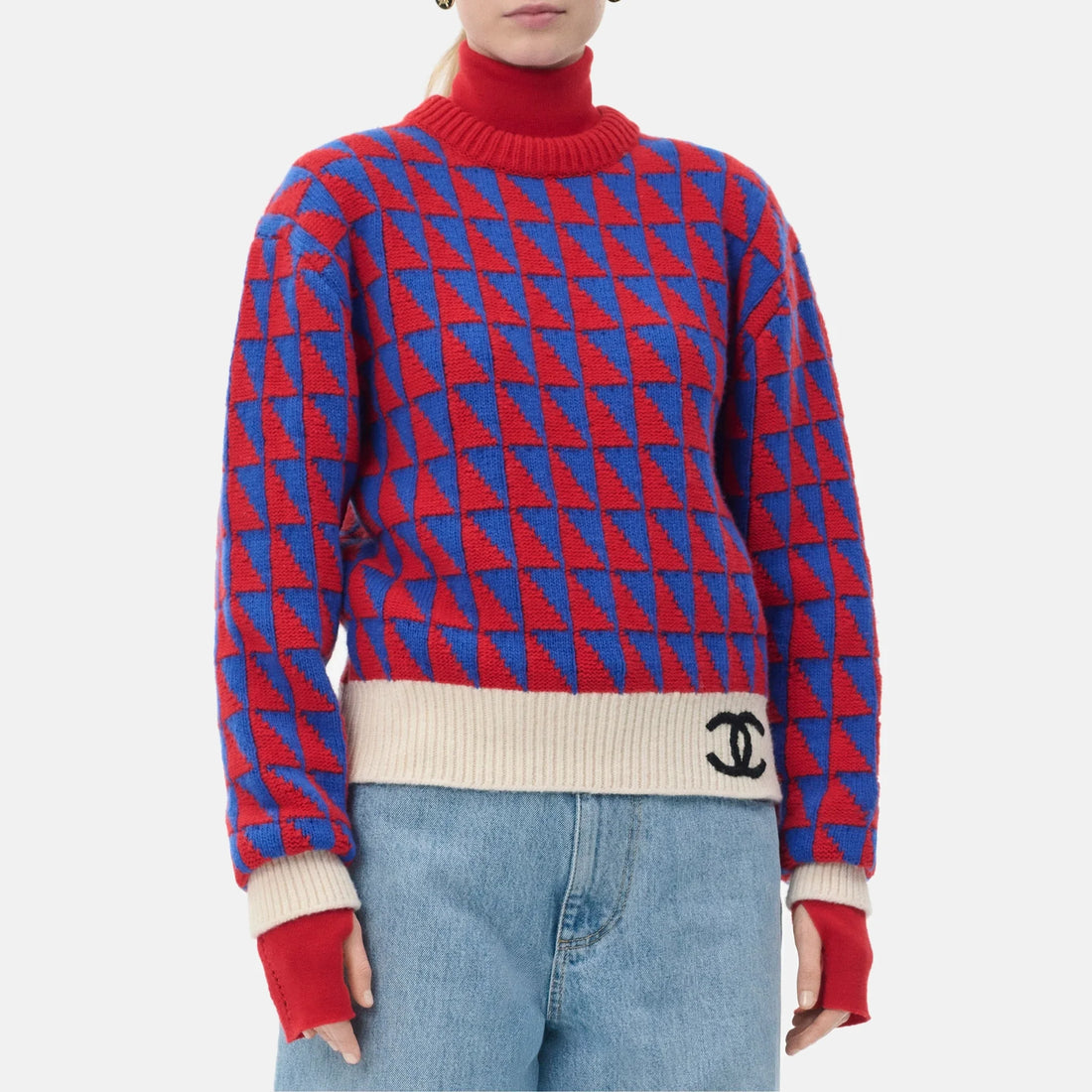 Chanel Sweater in Red, Blue and Ecru, Coco Neige 2026, worn front view