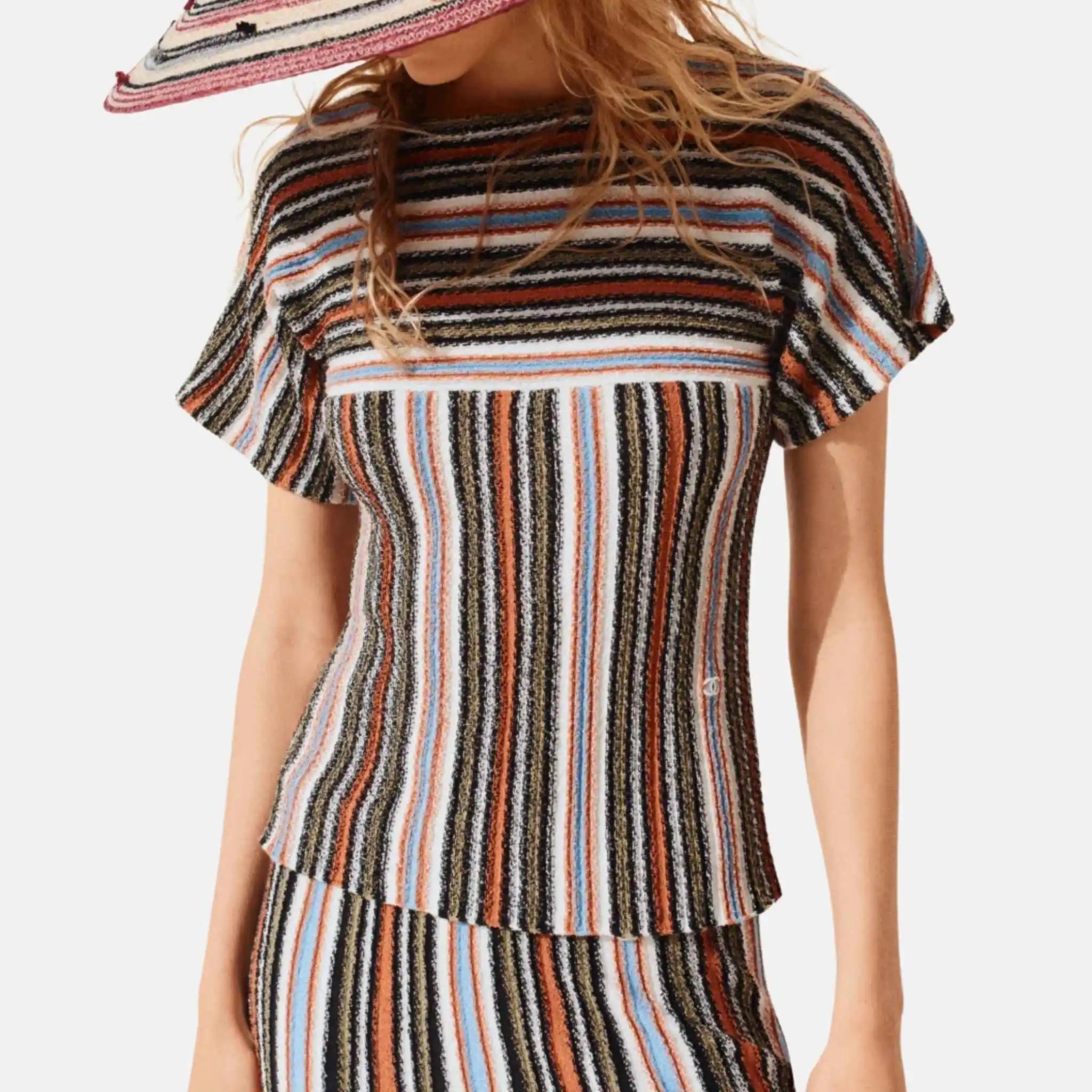 Chanel Top Cotton Khaki Blue and Orange