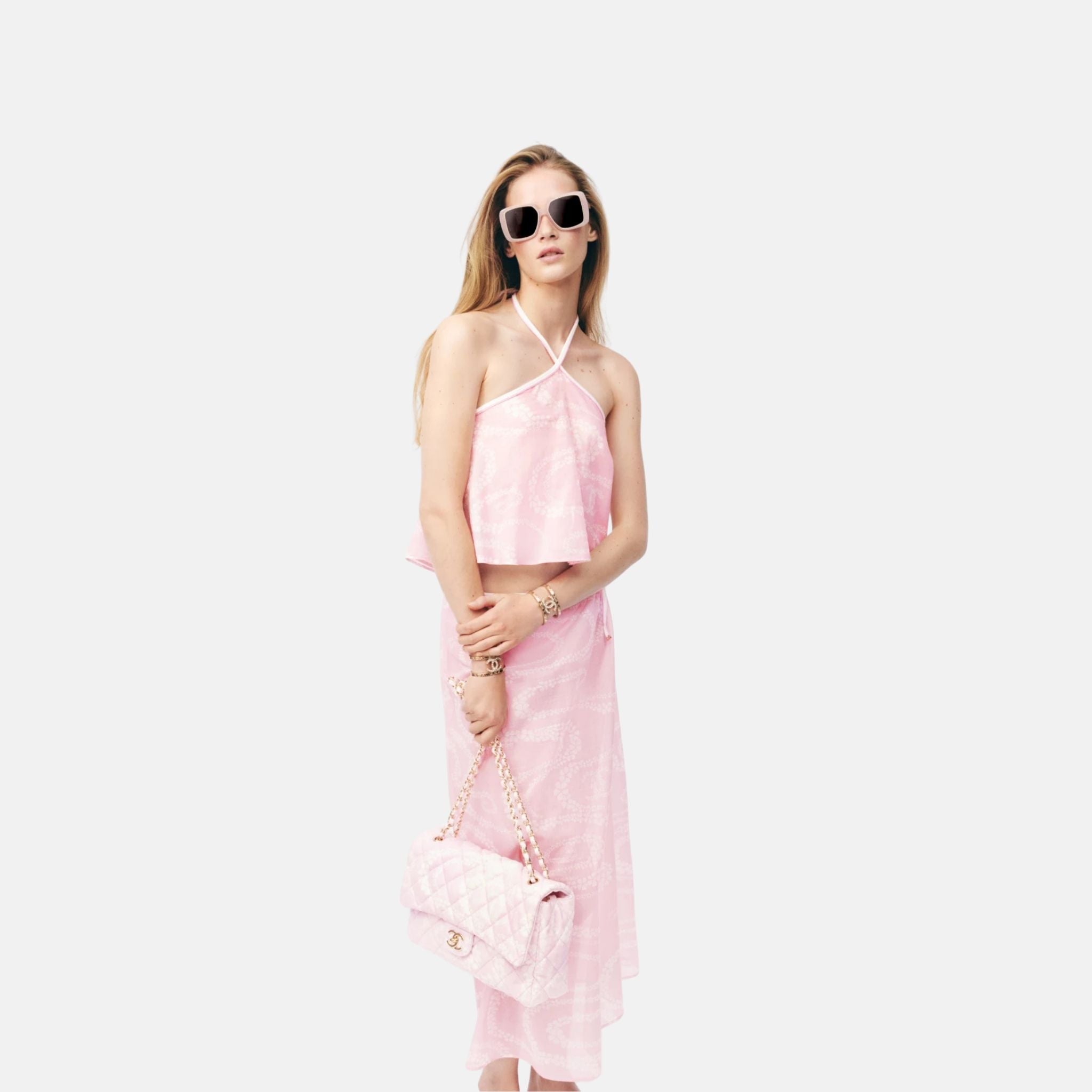 Chanel Top In Printed Cotton Voile Coco Beach Collection, Pink, Front