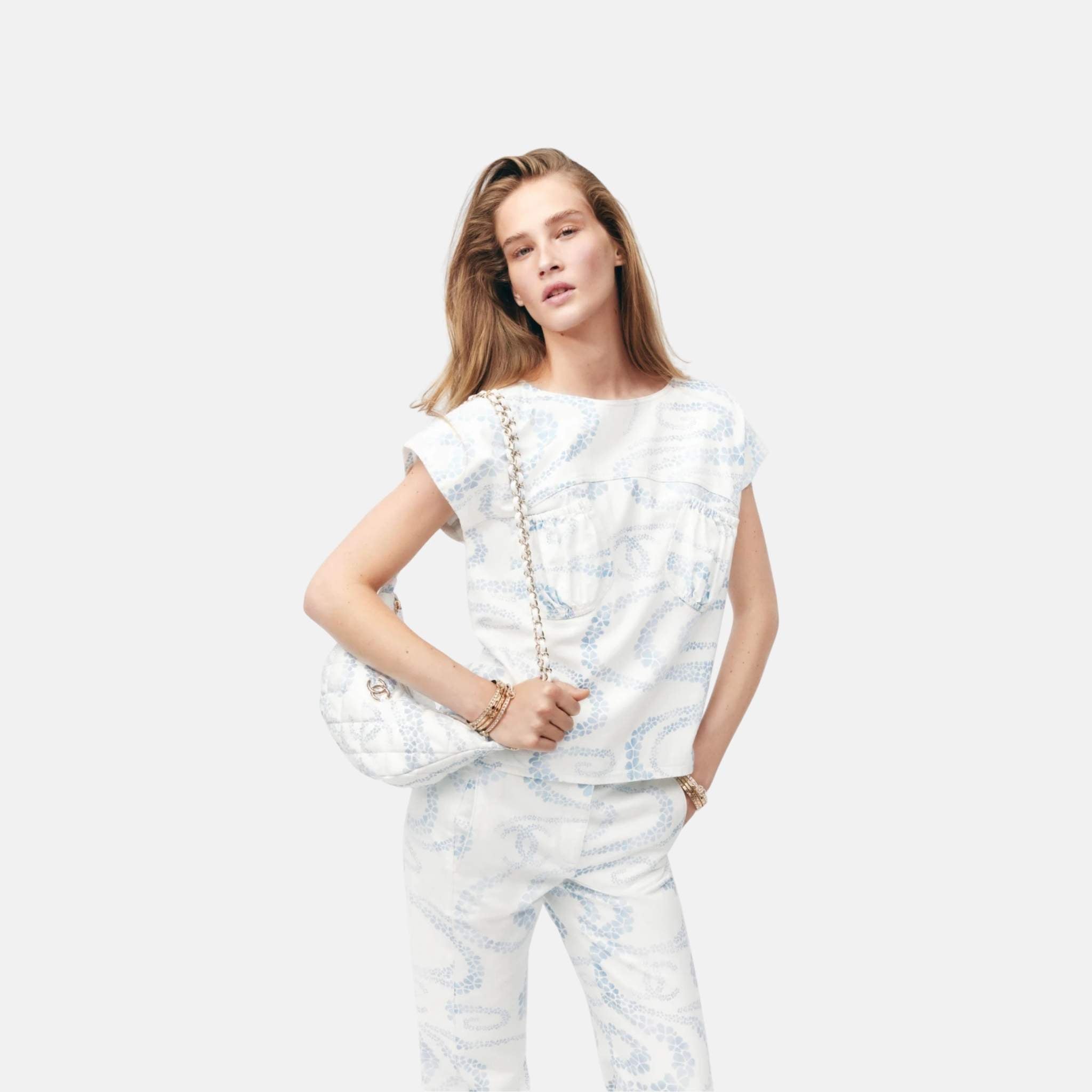 Chanel Top In Printed Washed Denim Coco Beach Collection, Front