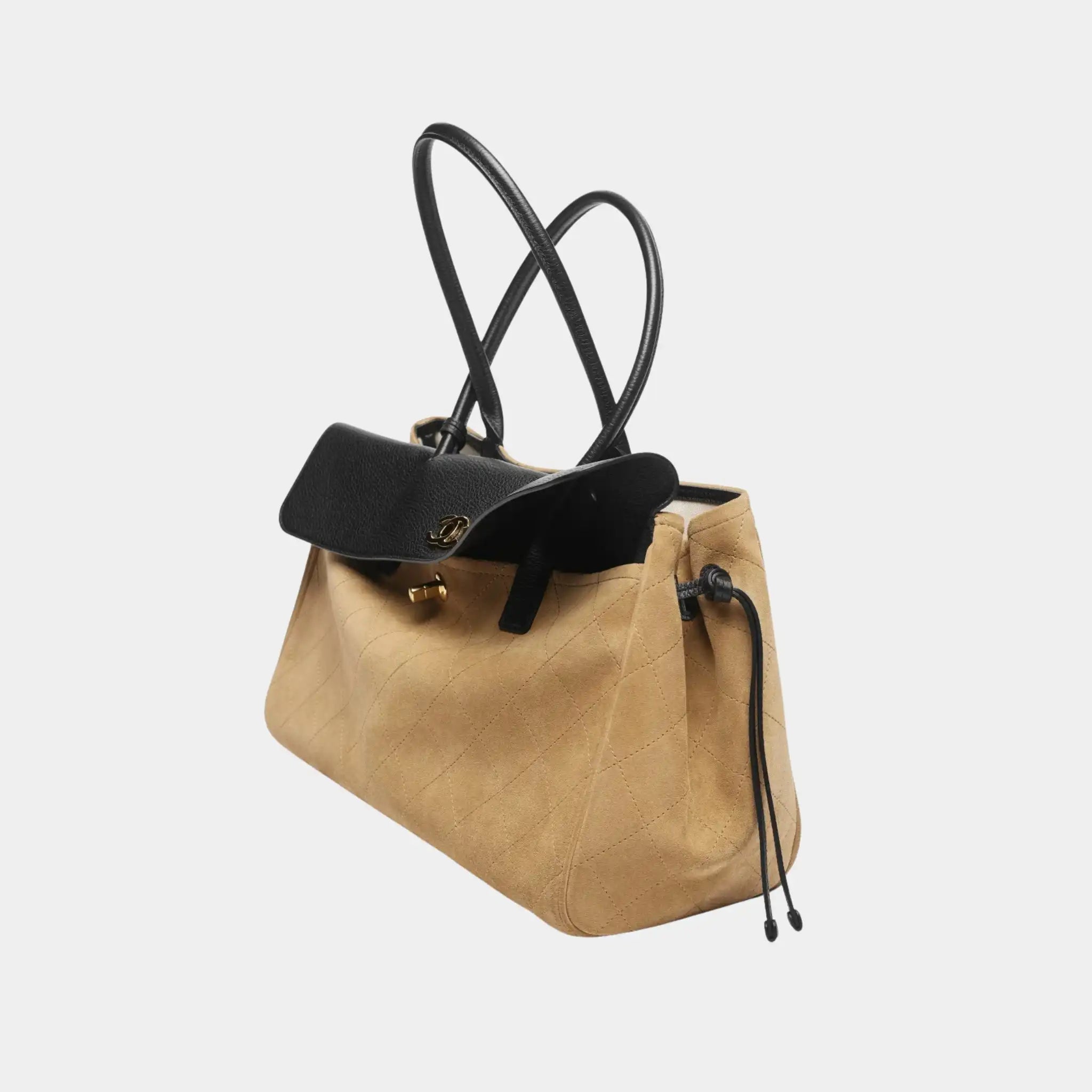 Chanel Tote in Suede & Grained Calfskin, Dark Beige, Black, Side