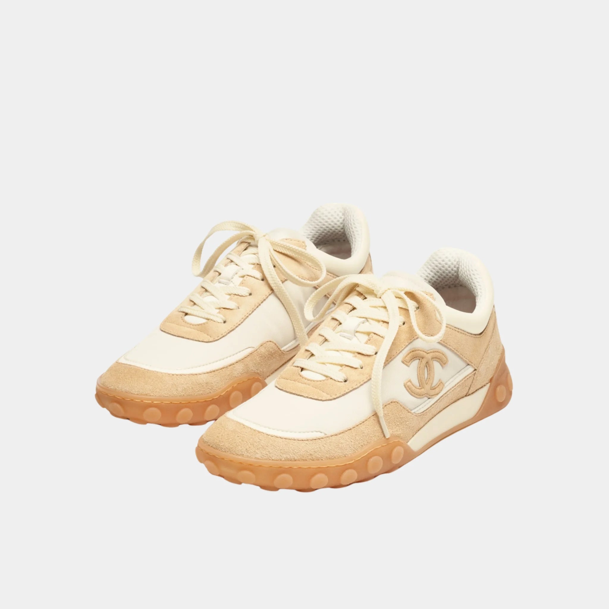 Chanel Trainers in Fabric & Suede Calfskin, Ivory Beige, Front