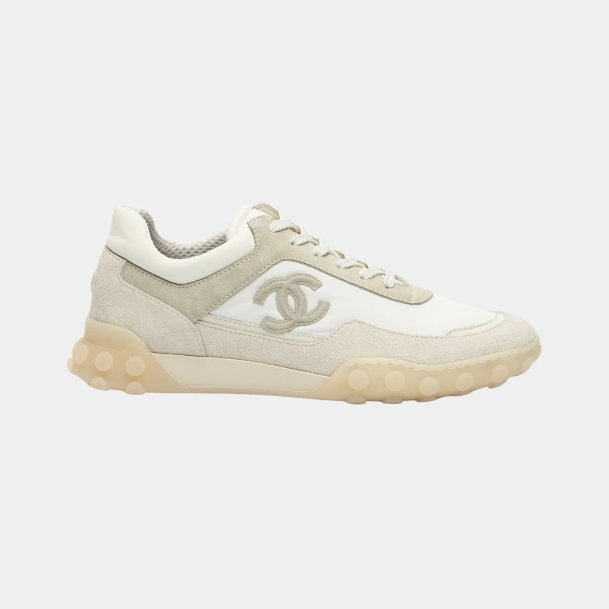 Chanel Trainers in Mixed Fibers Suede & Calfskin, Ivory, Side