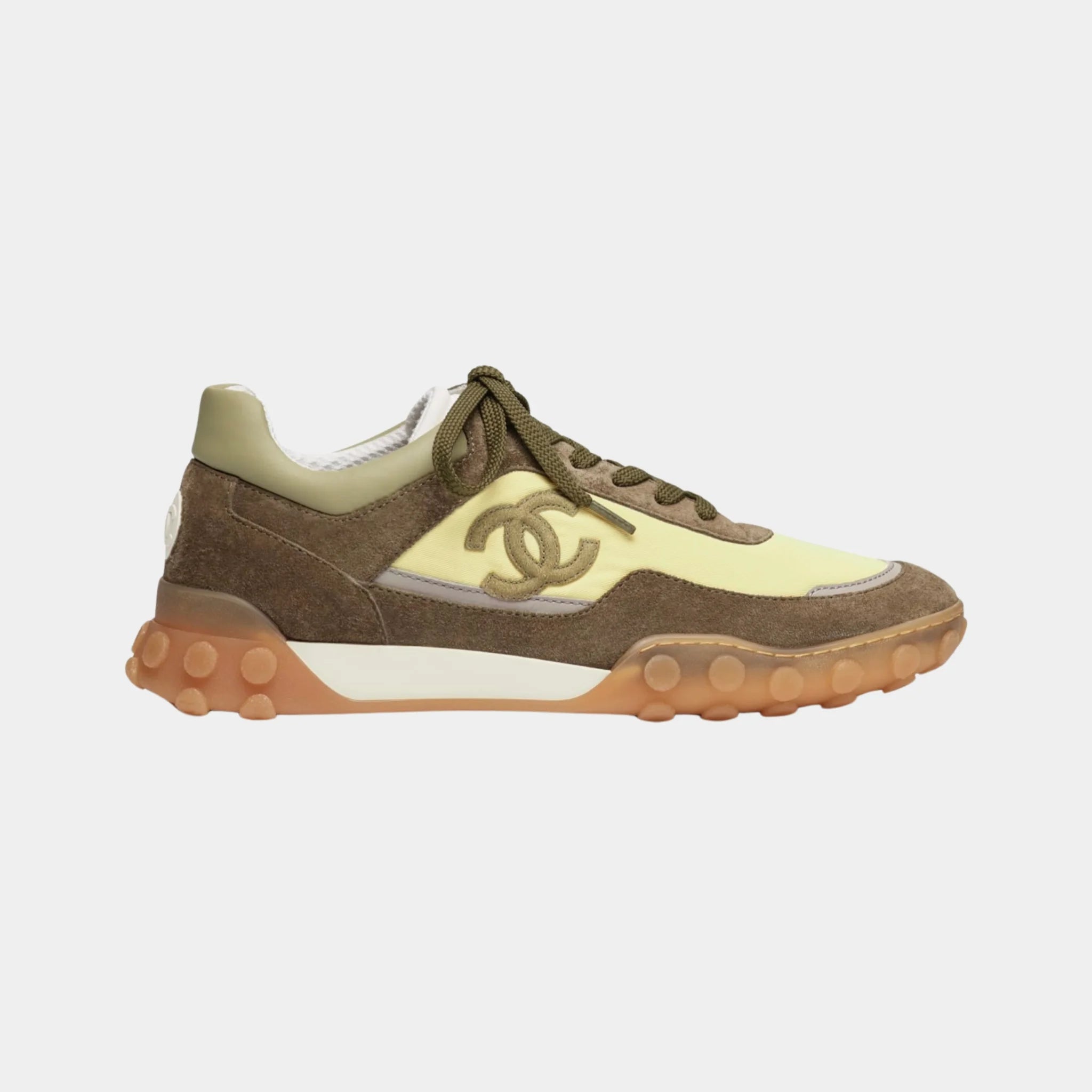 Chanel Trainers in Mixed Fibers Suede & Calfskin, Light Yellow Khaki, Side