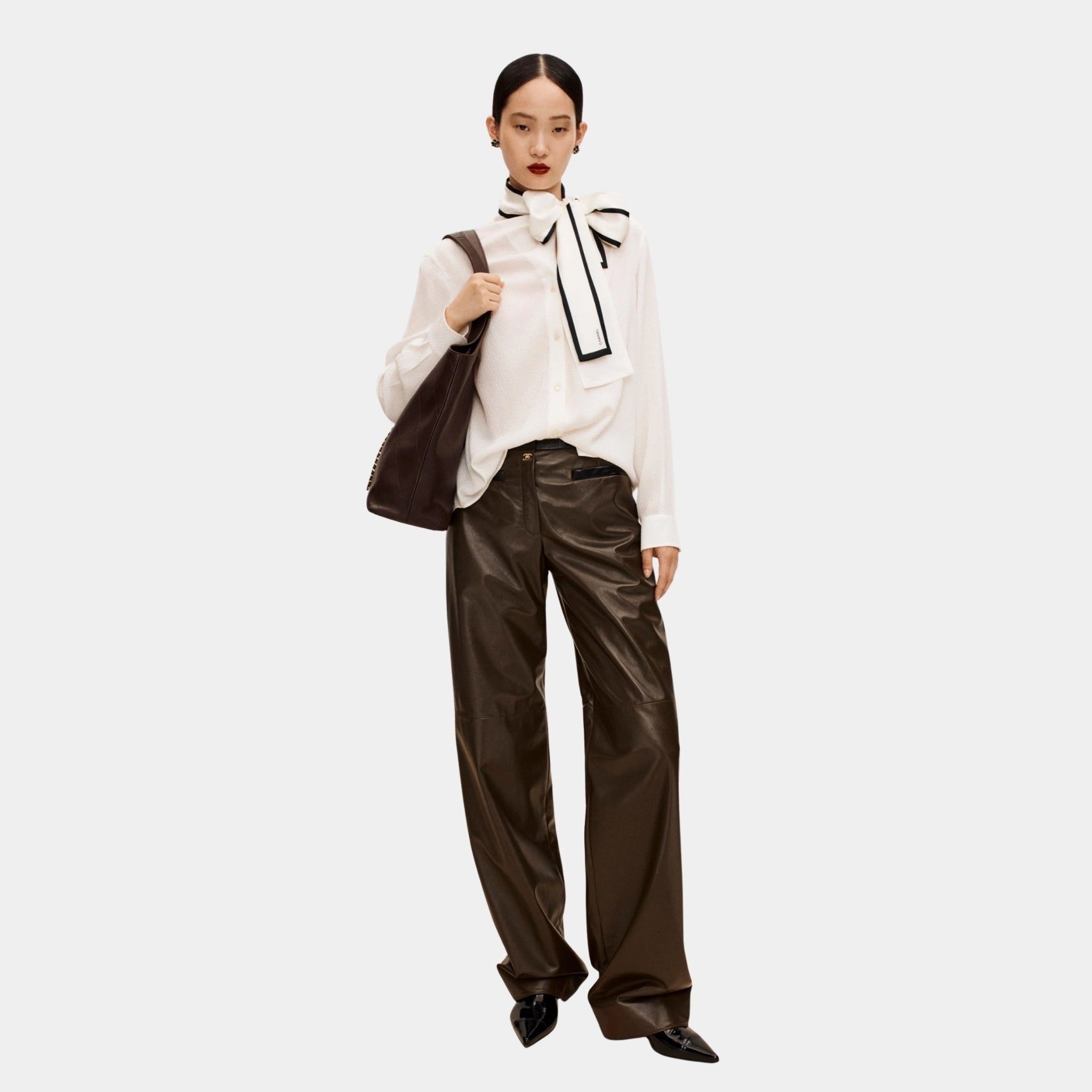 Chanel Trousers in Khaki and Black Lambskin, Khaki, Black, Model Front