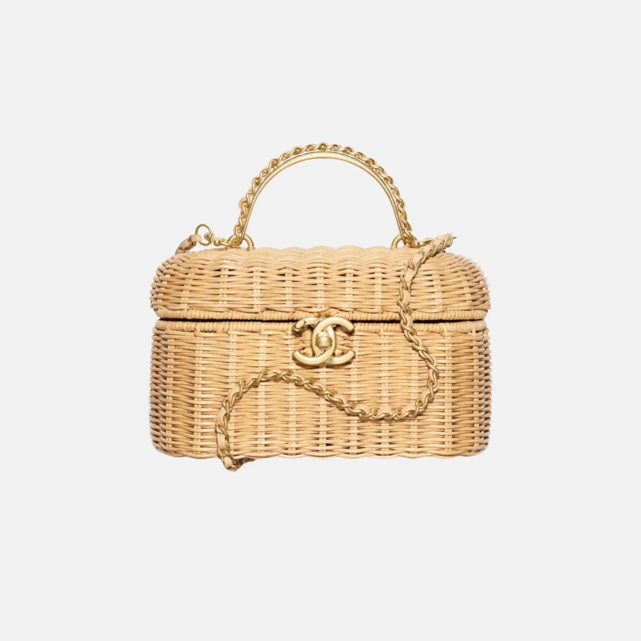 Chanel Vanity Case Braided Rattan Gold Tone Metal in Beige, Front