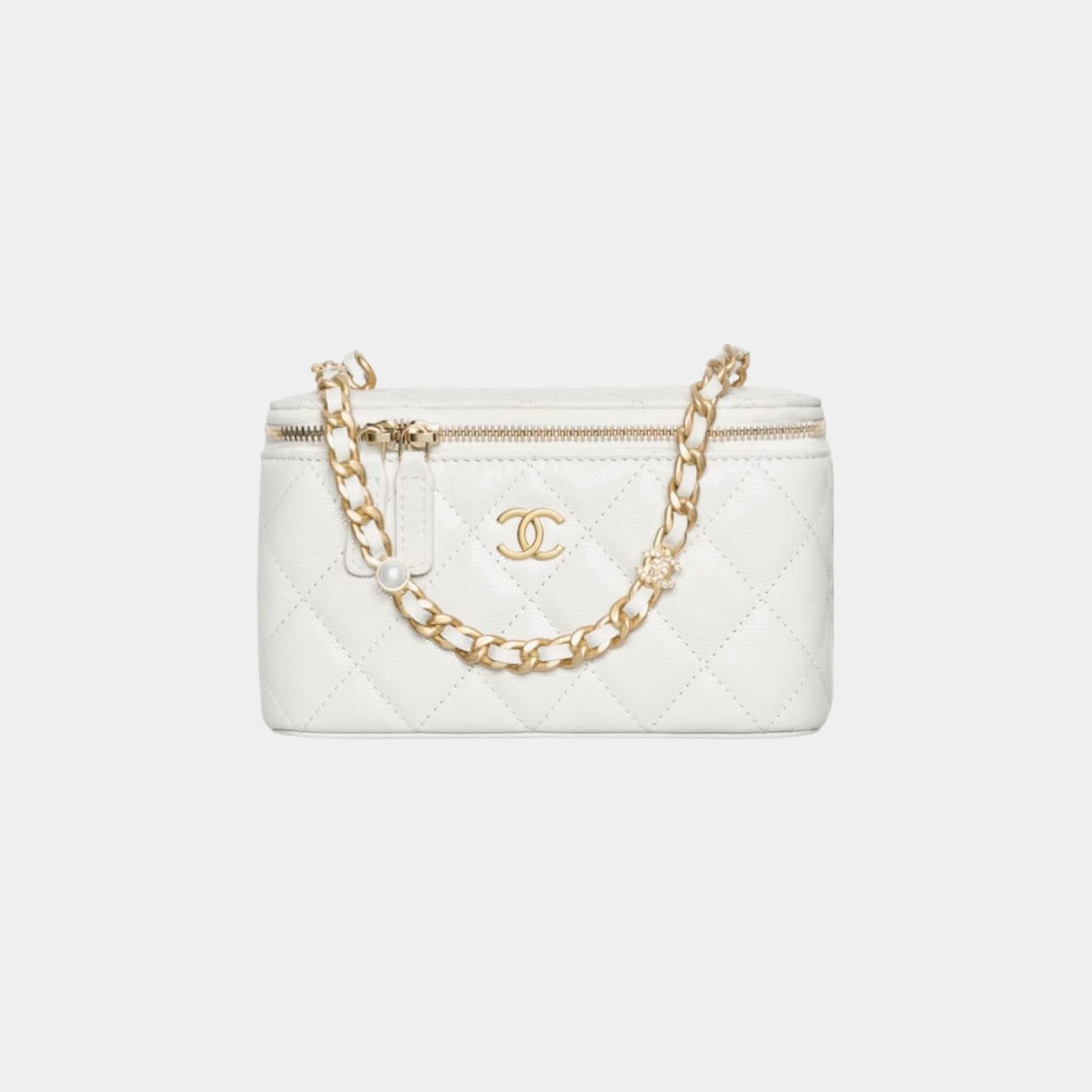 Chanel Vanity with Gold Tone Metal Chain in Grained Shiny Calfskin, White