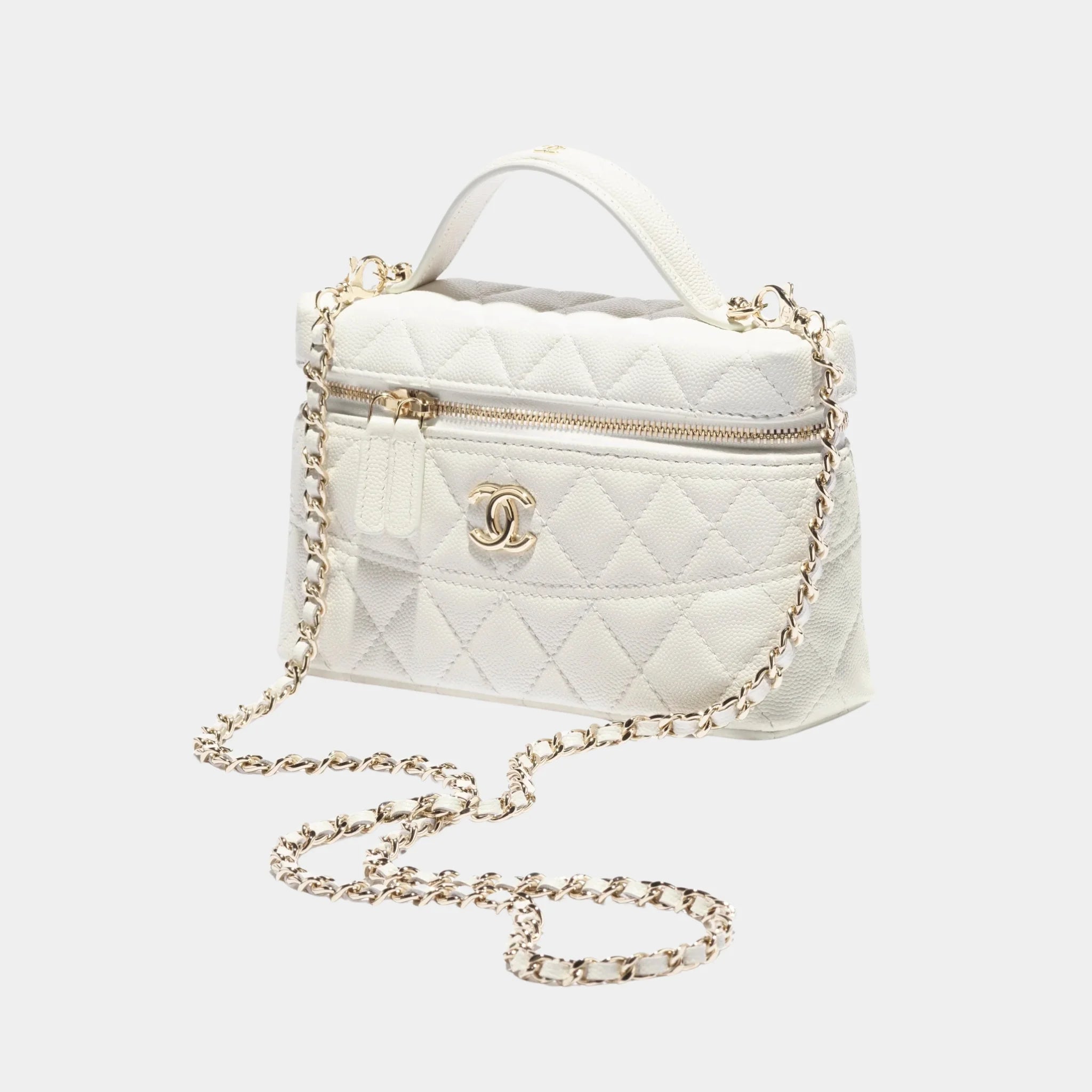 Chanel Vanity Top-handle with Chain Grained Shiny Calfskin, White, Front