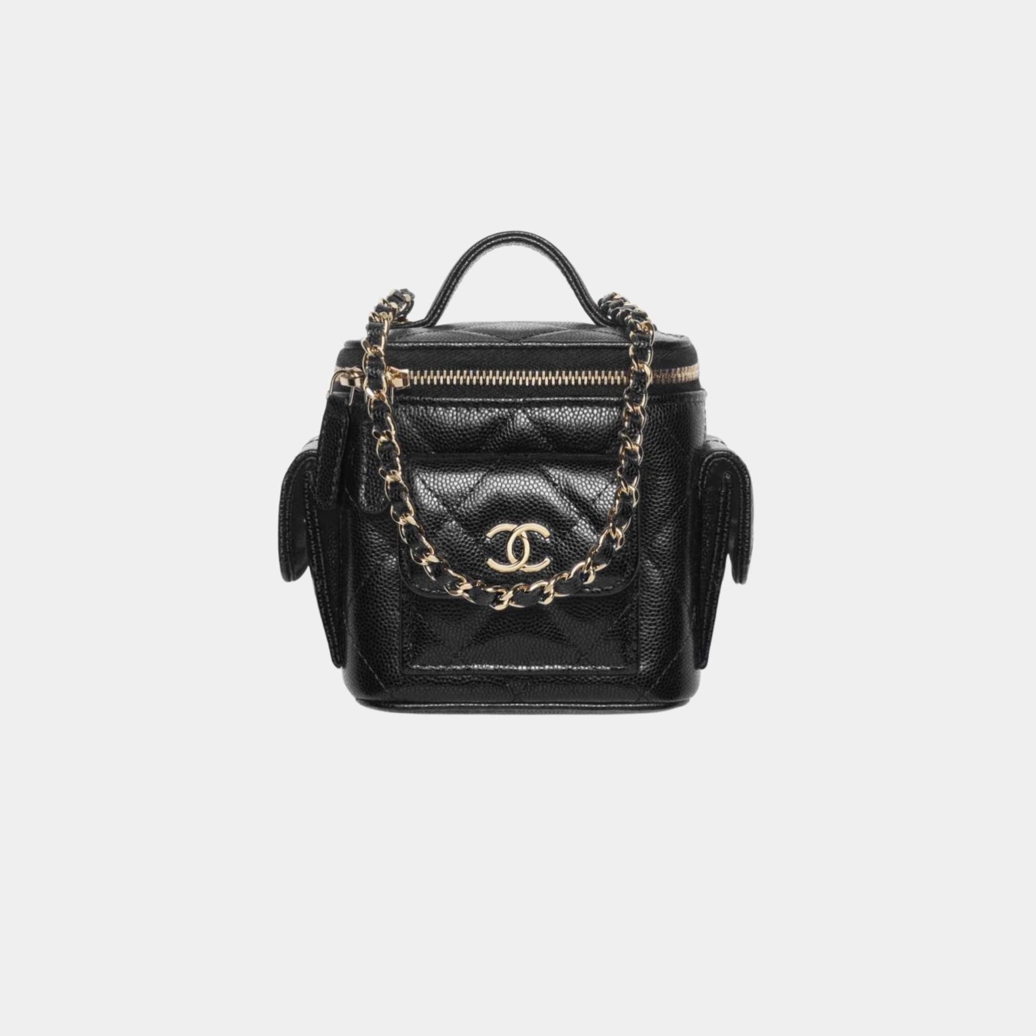 Chanel Vanity with Chain in Grained Shiny Calfskin and Gold Tone Metal, Black