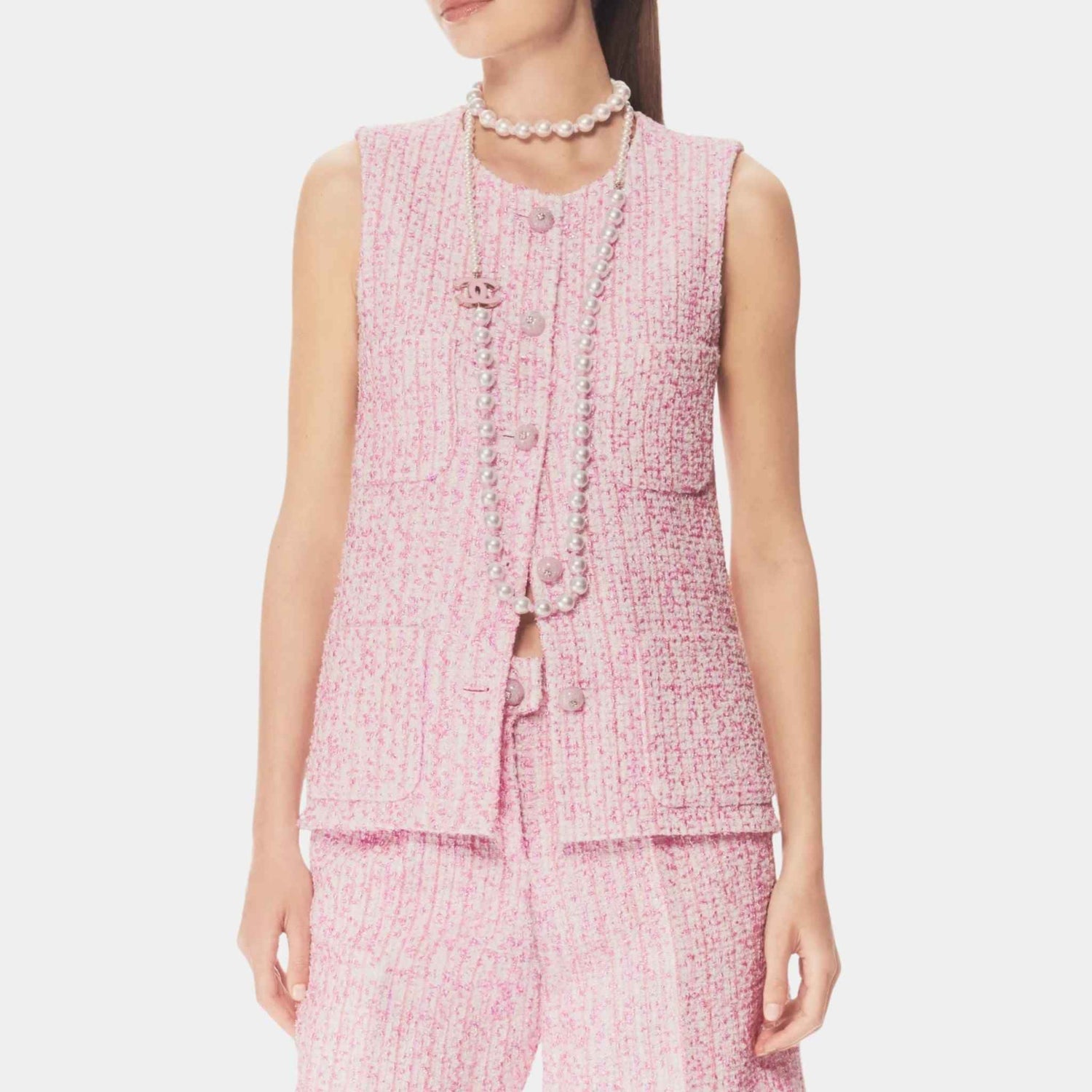 Chanel Vest Iridescent Cotton & Wool Tweed Pink & Ecru, Model