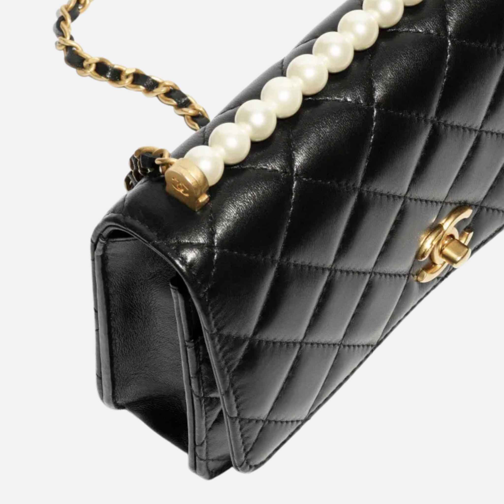 Chanel Wallet On Chain Shiny Lambskin Pearls & Gold-Tone Metal Black, Top