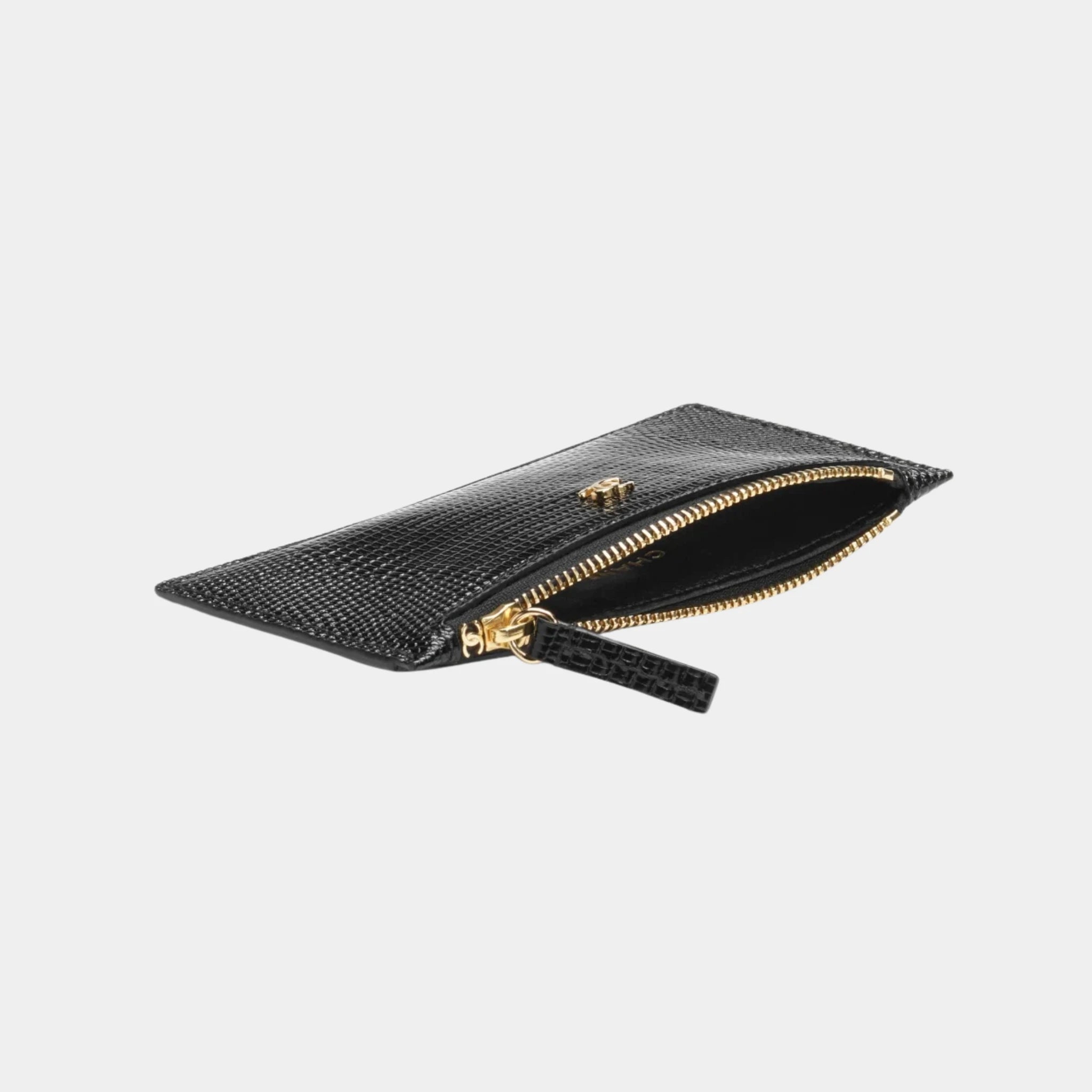 Chanel Zipped Card Holder in Black Lizard Embossed Calfskin, Inside