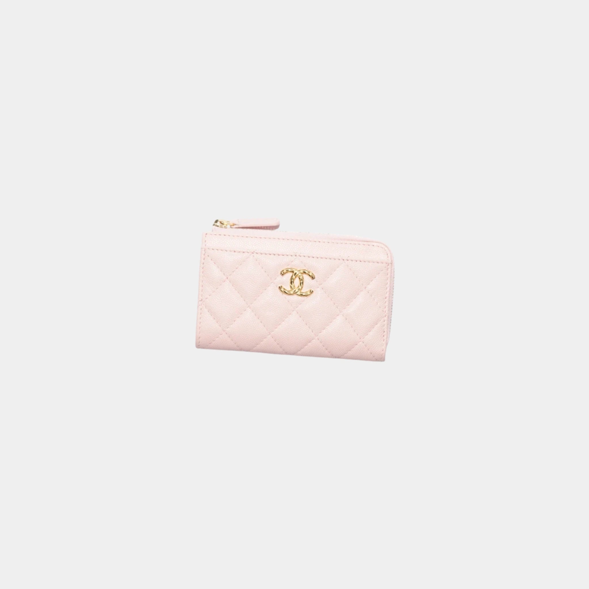 Chanel Zipped Card Holder in Grained Shiny Calfskin, Light Pink, Front