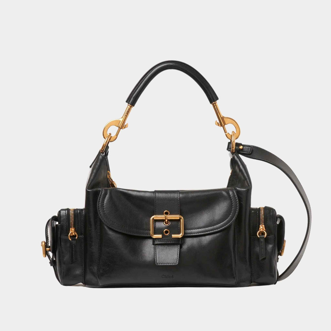 Chloe Camera Bag in Shiny Leather, Black, Front