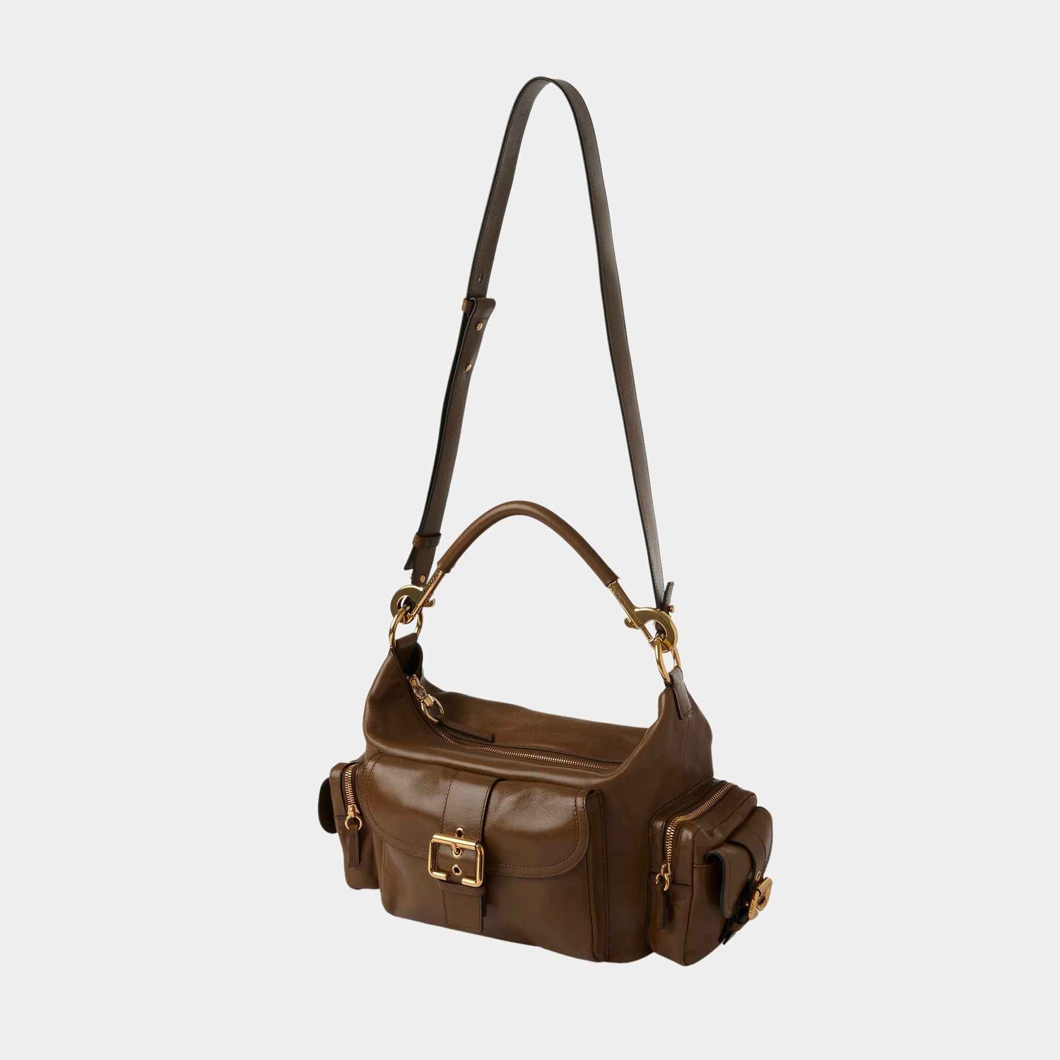 Chloe Camera Bag in Shiny Leather, Dark Khaki, Side